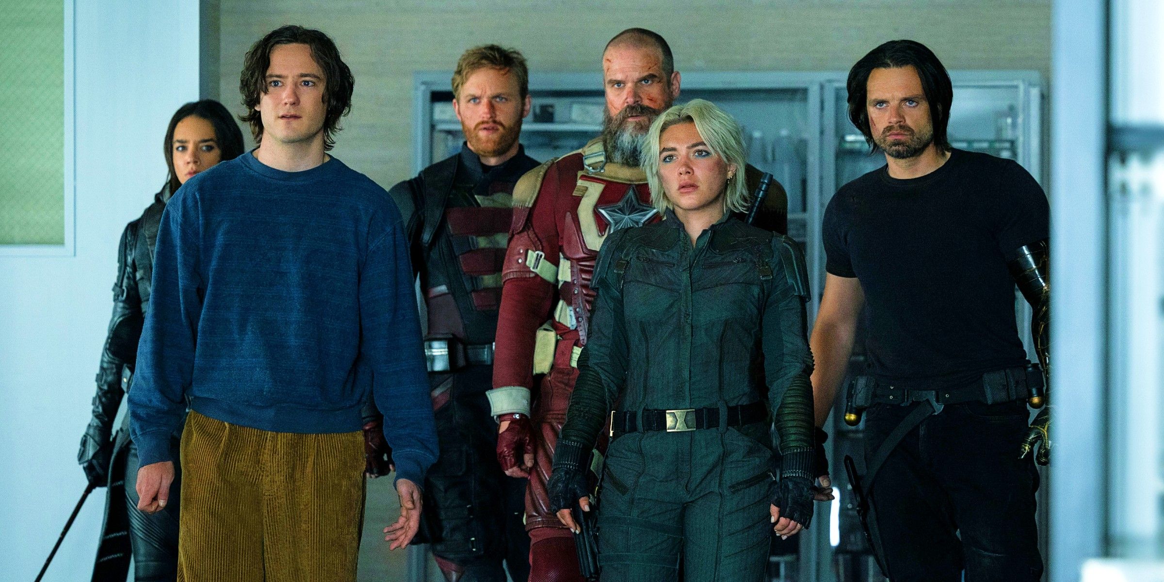 Hannah John-Kamen, Lewis Pullman, Wyatt Russell, David Harbour, Florence Pugh and Sebastian Stan In A Lab In Thunderbolts