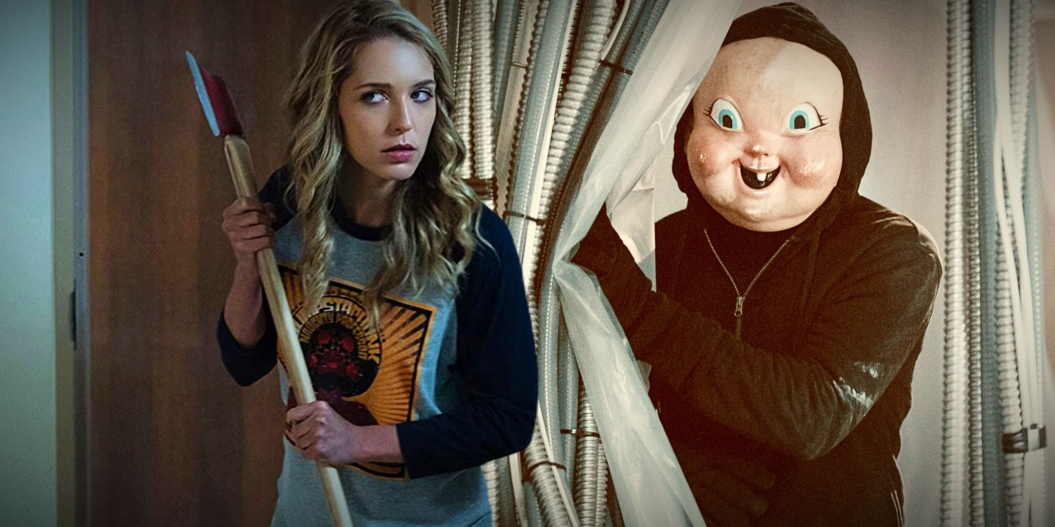 A composite image of Tree holding an axe in front of Babyface peeking around a curtain in Happy Death Day.