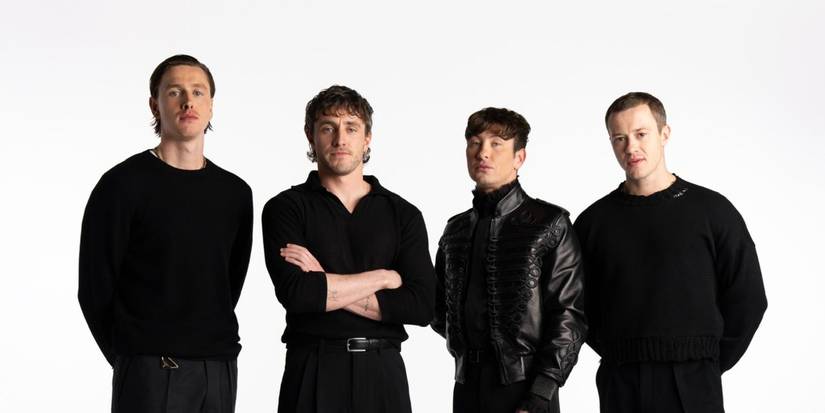 Harris Dickinson, Paul Mescal, Barry Keoghan, and Joseph Quinn assembled against a white backdrop for the Beatles movie promotion