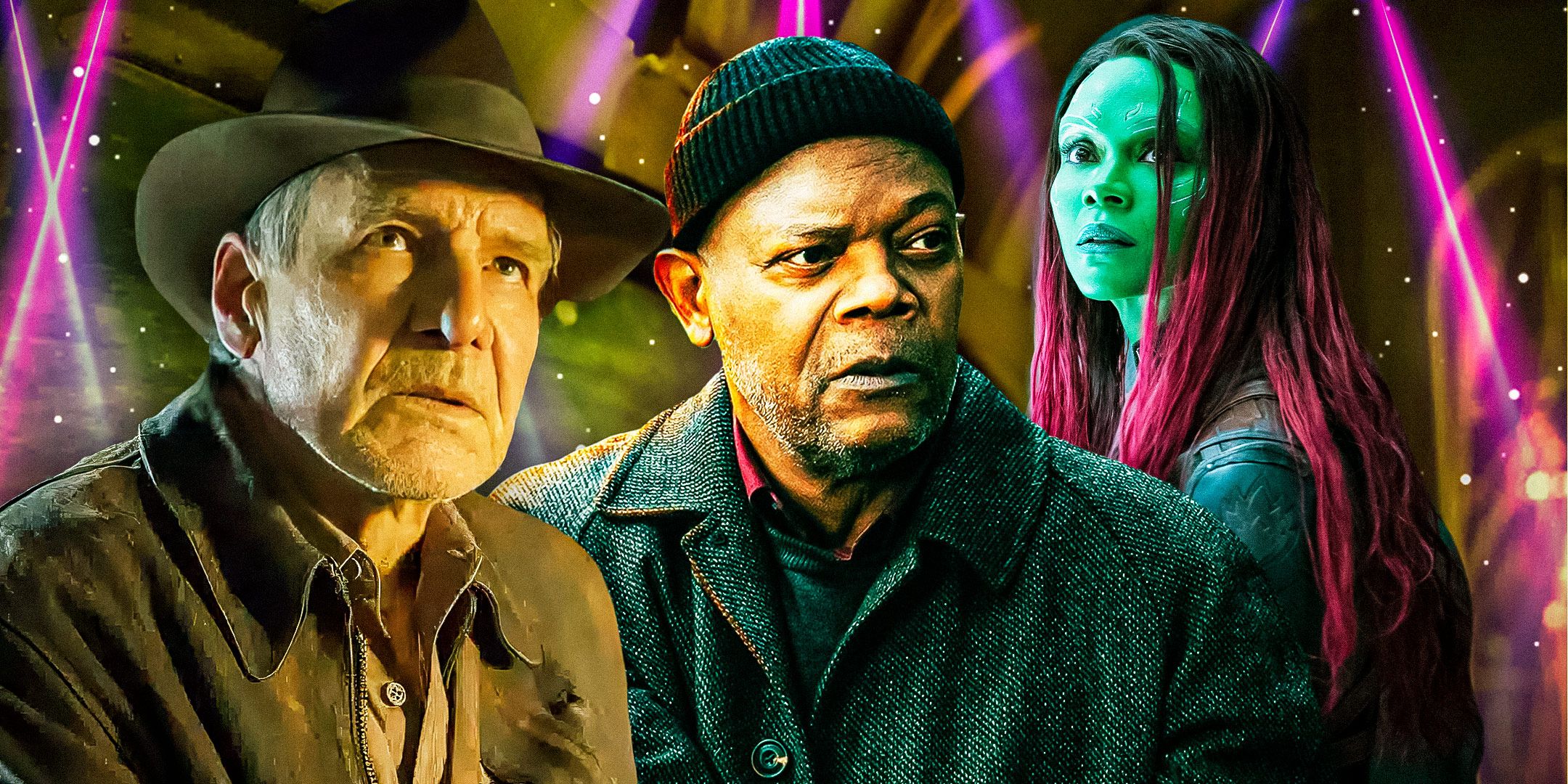 Harrison Ford, Samuel L. Jackson, and Zoe Saldana