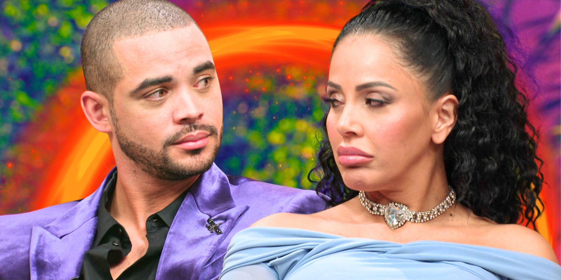 90 Day Fiancé's Rob Warne and Jasmine Pineda look at each other with serious expressions