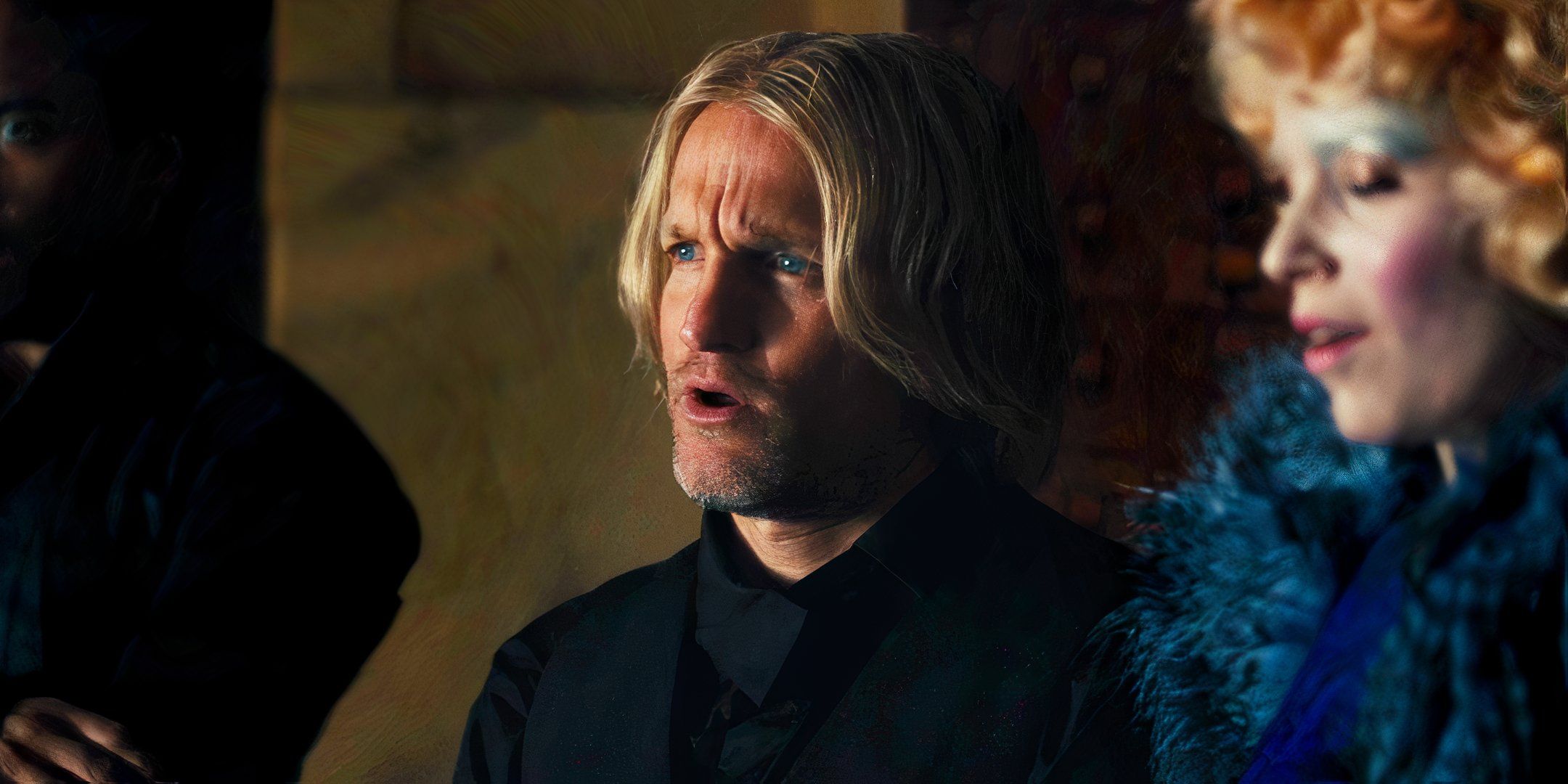Woody Harrelson looking surprised as Haymitch in The Hunger Games: Catching Fire