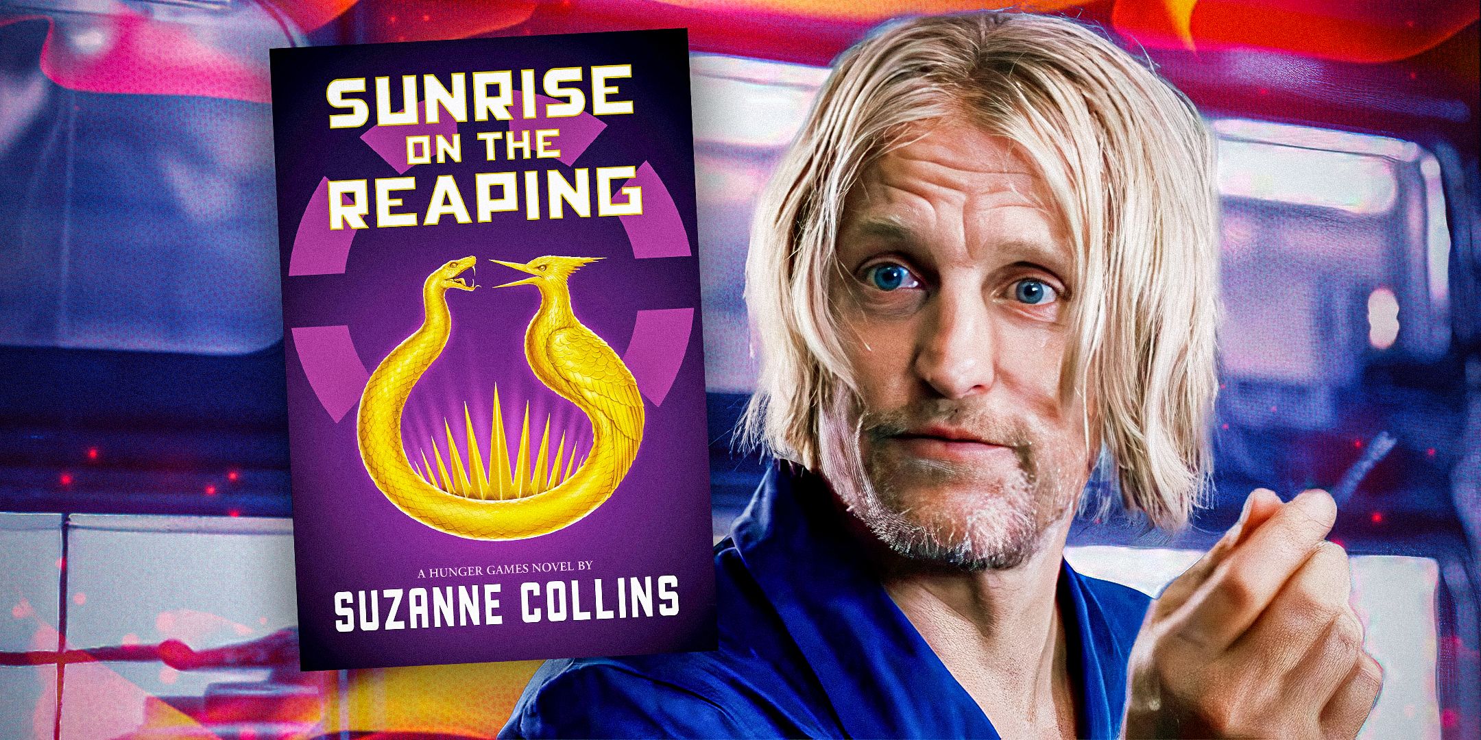 The cover of Sunrise on the Reaping by Suzanne Collins and Haymitch looking surprised in The Hunger Games movies