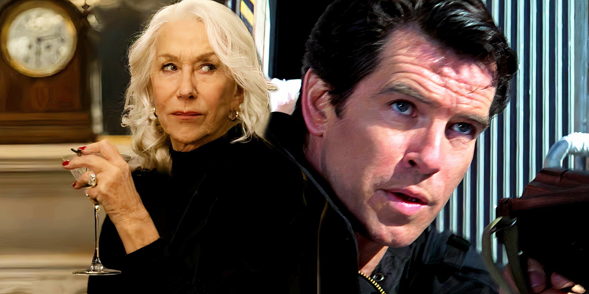 Helen Mirren holding a martini in MobLand and Pierce Brosnan aiming his gun in GoldenEye
