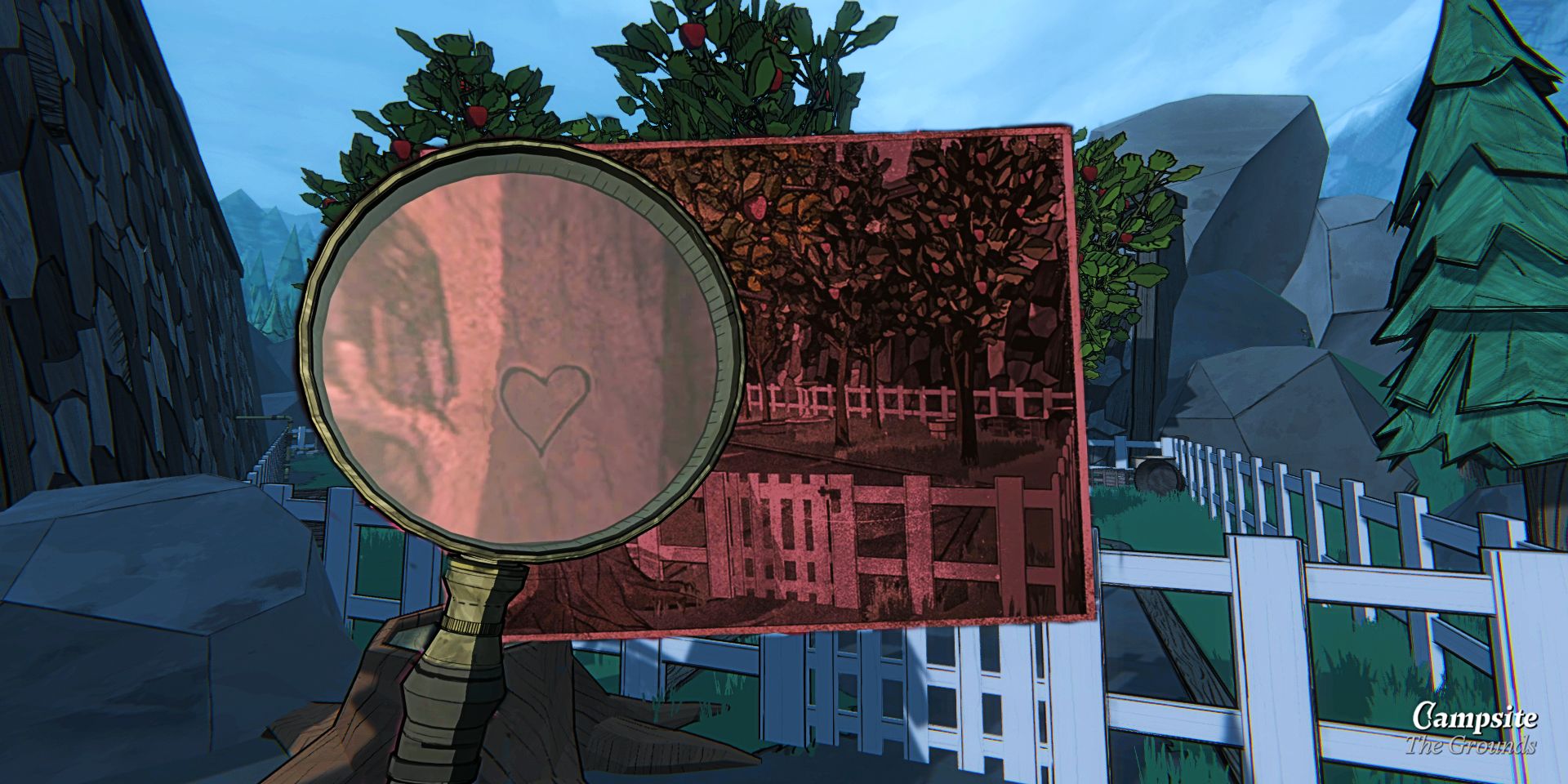 Holding a magnifying glass up to a photo in front of the orchard in Blue Prince.