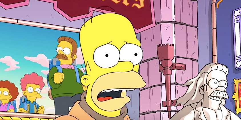 Homer looking shocked in a castle in front of a portrait of Ned Rod and Todd Flanders from The Simpsons season 36 episode 12