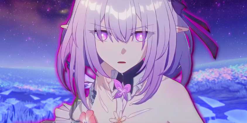 Honkai Star Rail's Castorice looks serious in front of a field of flowers.