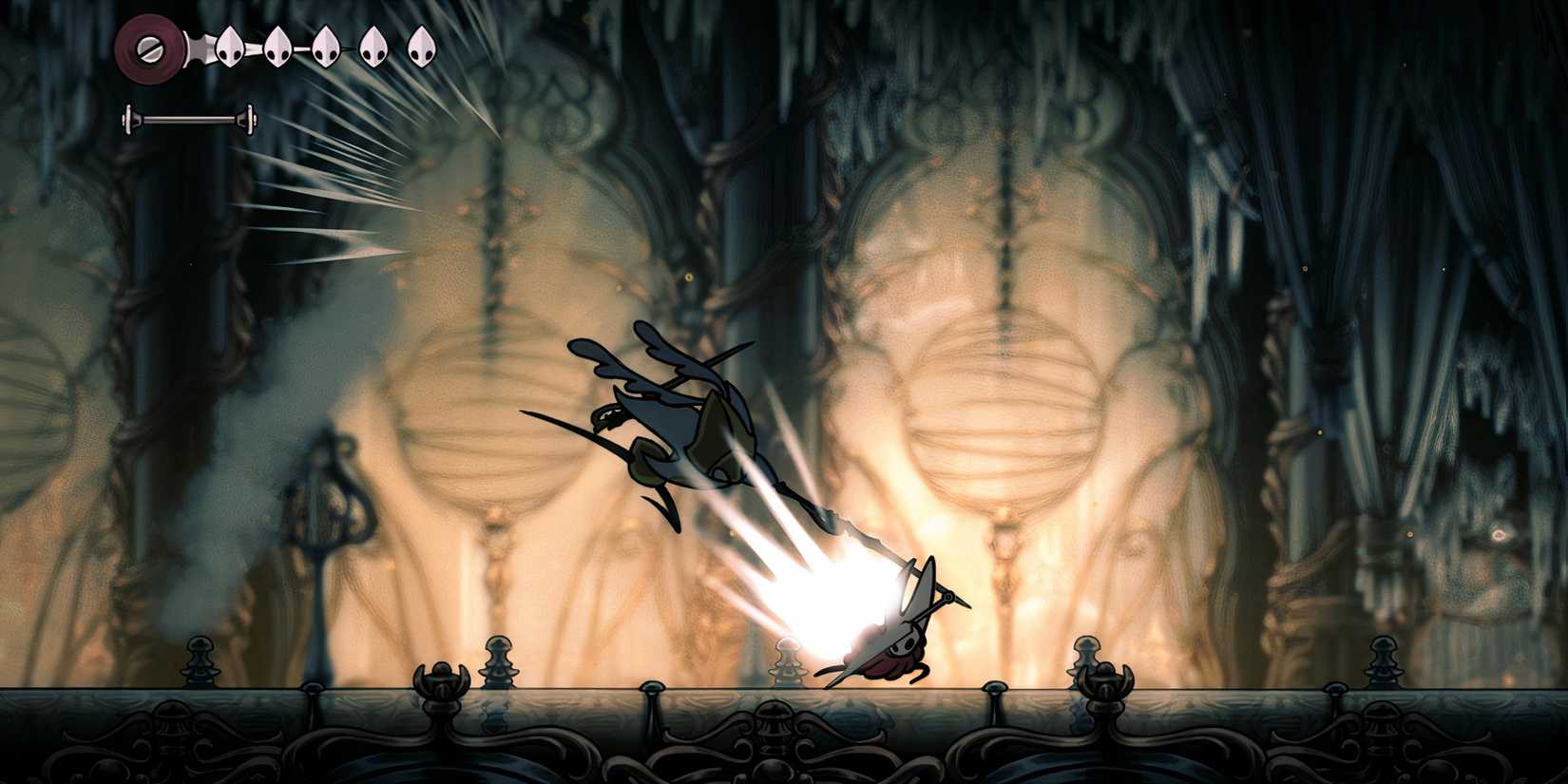 Hornet battling an enemy with swords in Hollow Knight Silksong.