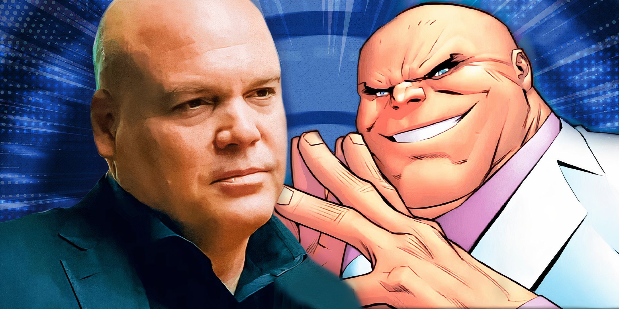 Vincent D&rsquo;Onofrio as Kingpin in the MCU next to artwork of the character from Marvel Comics