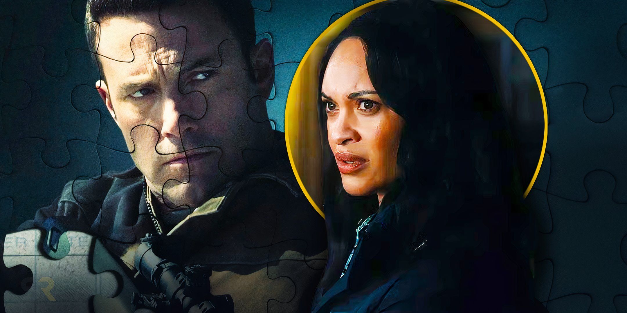 An edited image of Cynthia Addai-Robinson as Agent Medina and Ben Affleck as Christian Wolff in The Accountant 2.