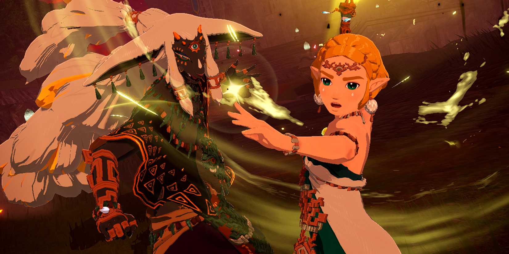 A screenshot of Rauru and Zelda in Hyrule Warriors: Age of Imprisonment.