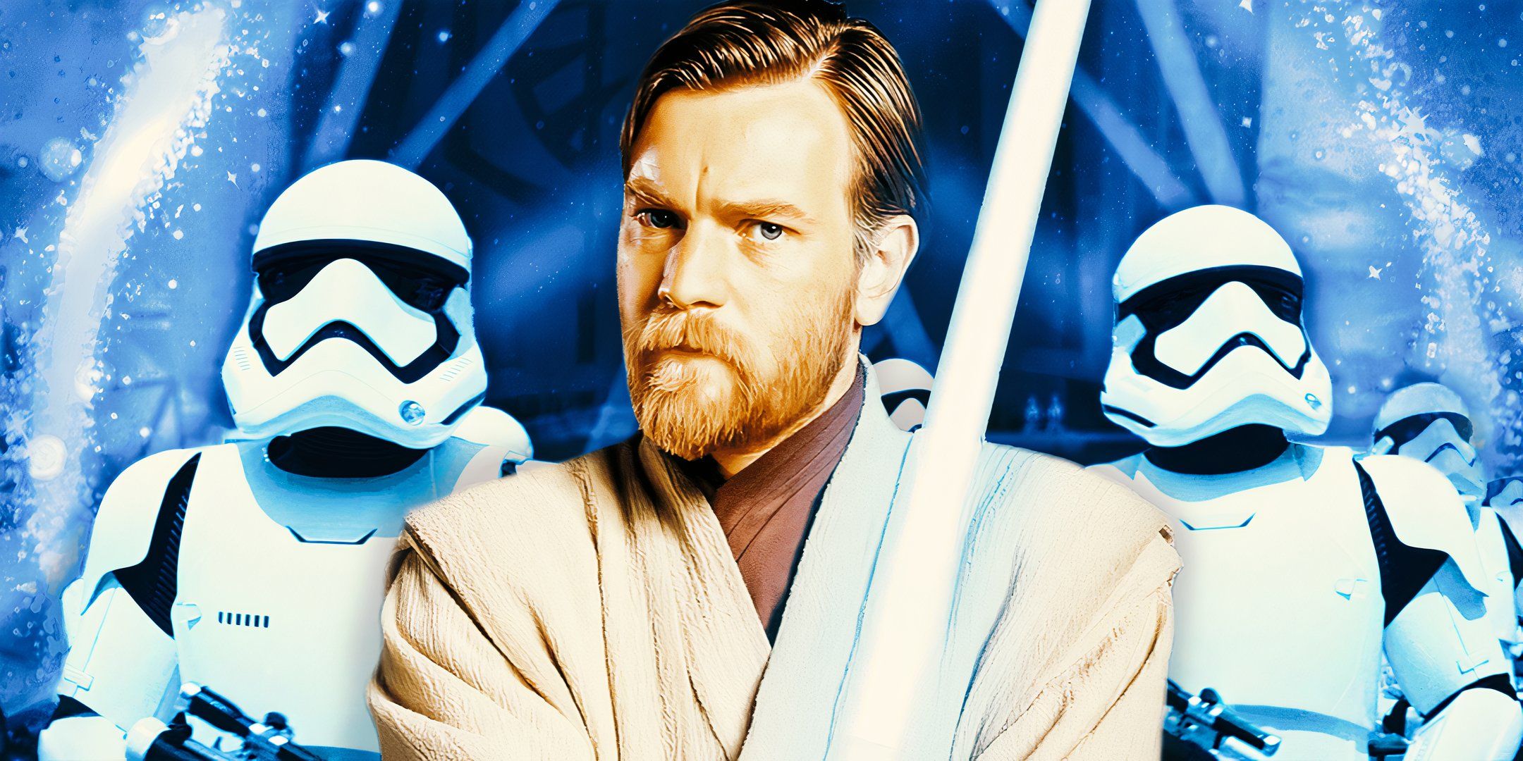 Obi-Wan Kenobi from Revenge of the Sith with background imagery of First Order Stormtroopers from The Force Awakens