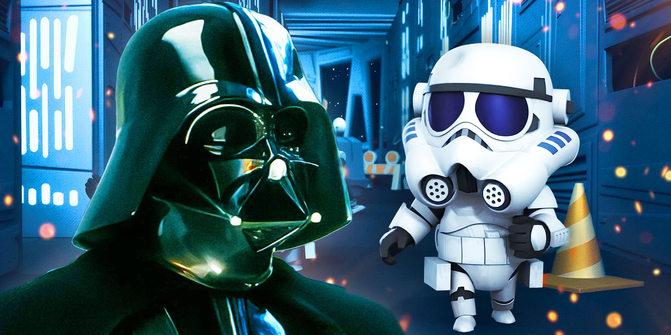 Live-Action Darth Vader next to a small CGI animated stormtrooper from Star Wars Detours.