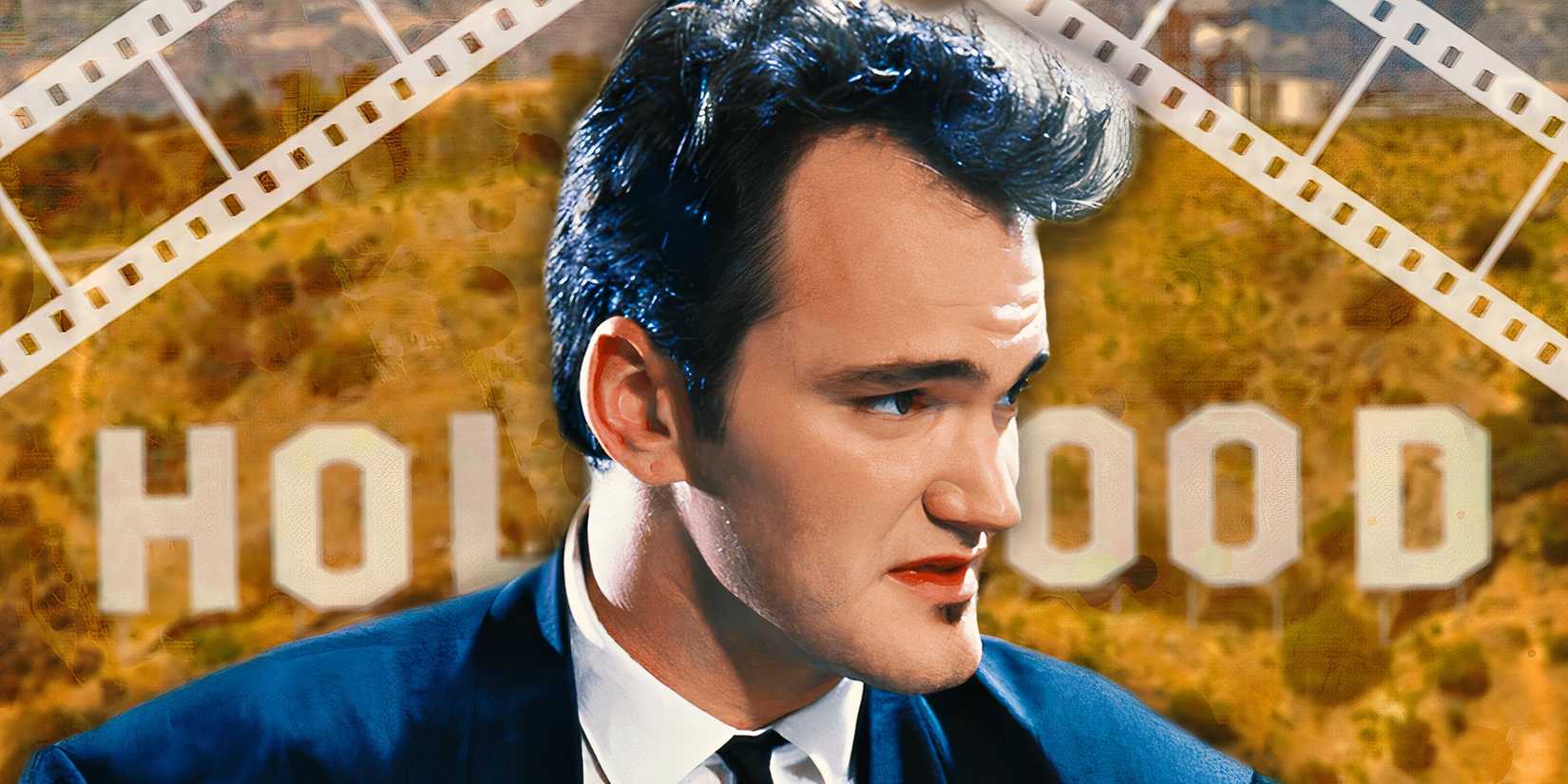 Quentin Tarantino as Mr. Brown in Reservoir Dogs with the Hollywood sign and some film reel behind him