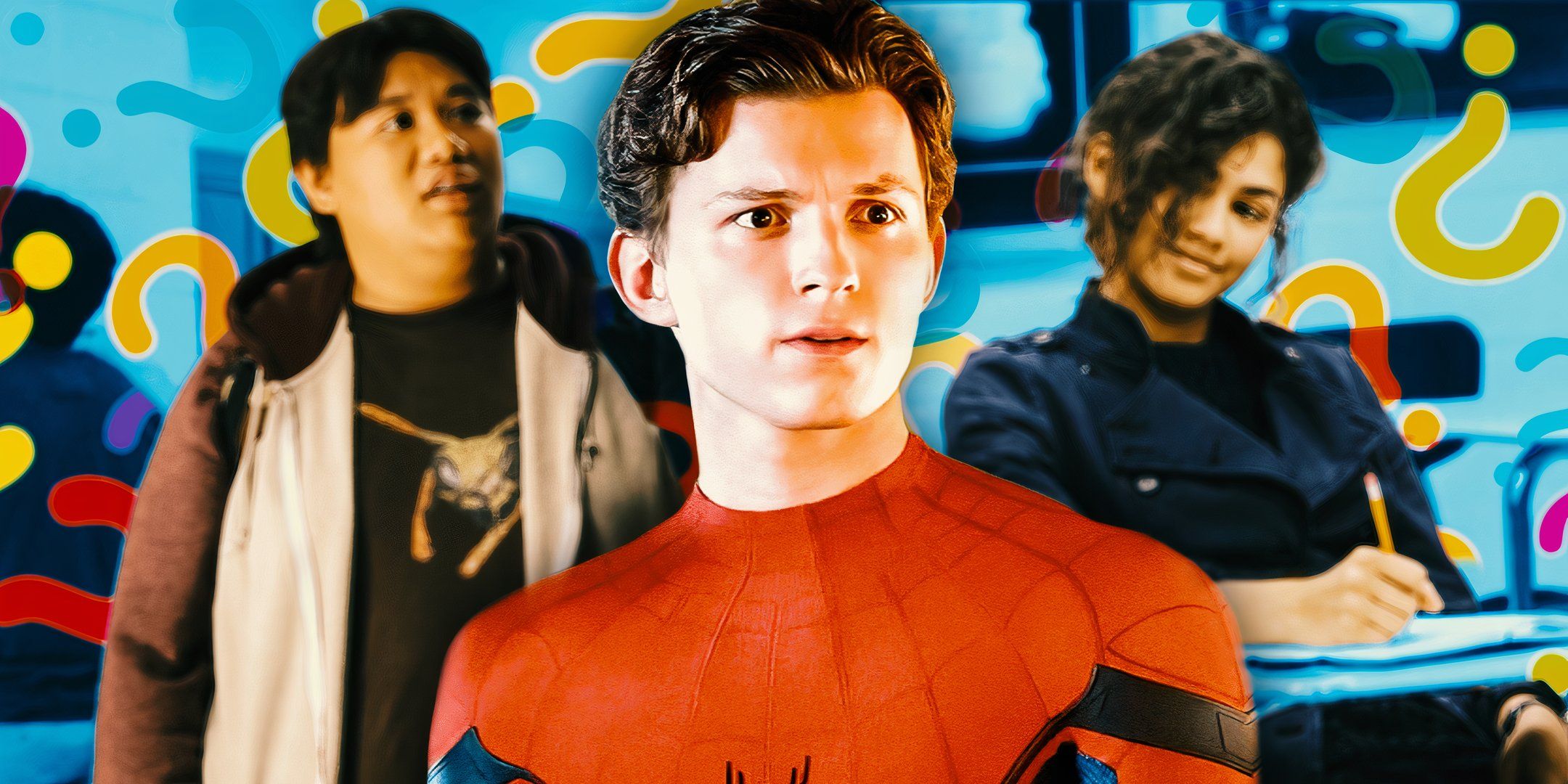 Tom Holland as Peter Parker, Jacob Batalon as Ned, and Zendaya as MJ in the Spider-Man: Homecoming trilogy (2017-2021) with question marks in the background