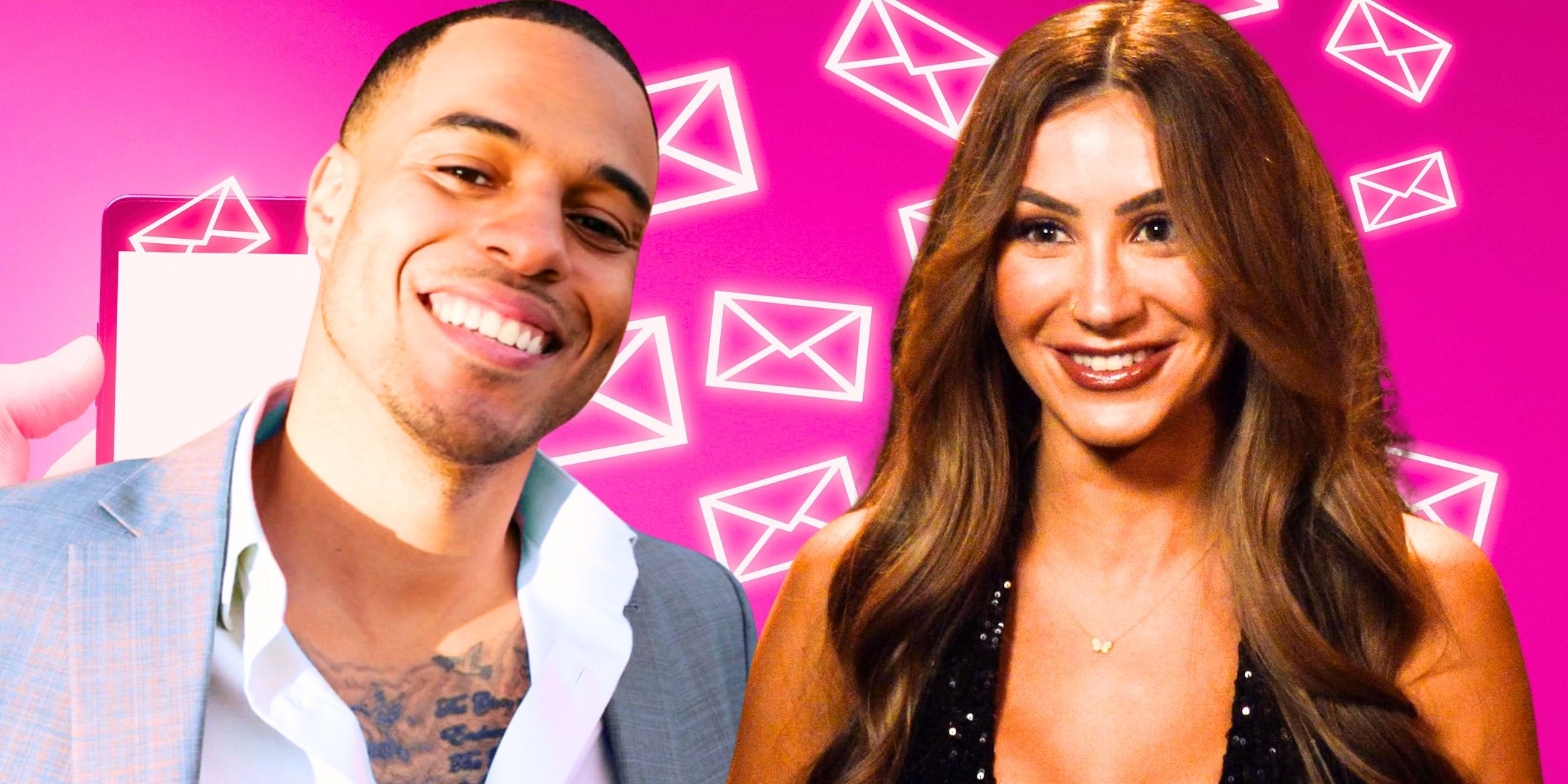 The Bachelor’s Grant Ellis &amp; Juliana Pasquarosa smile with envelopes in the background