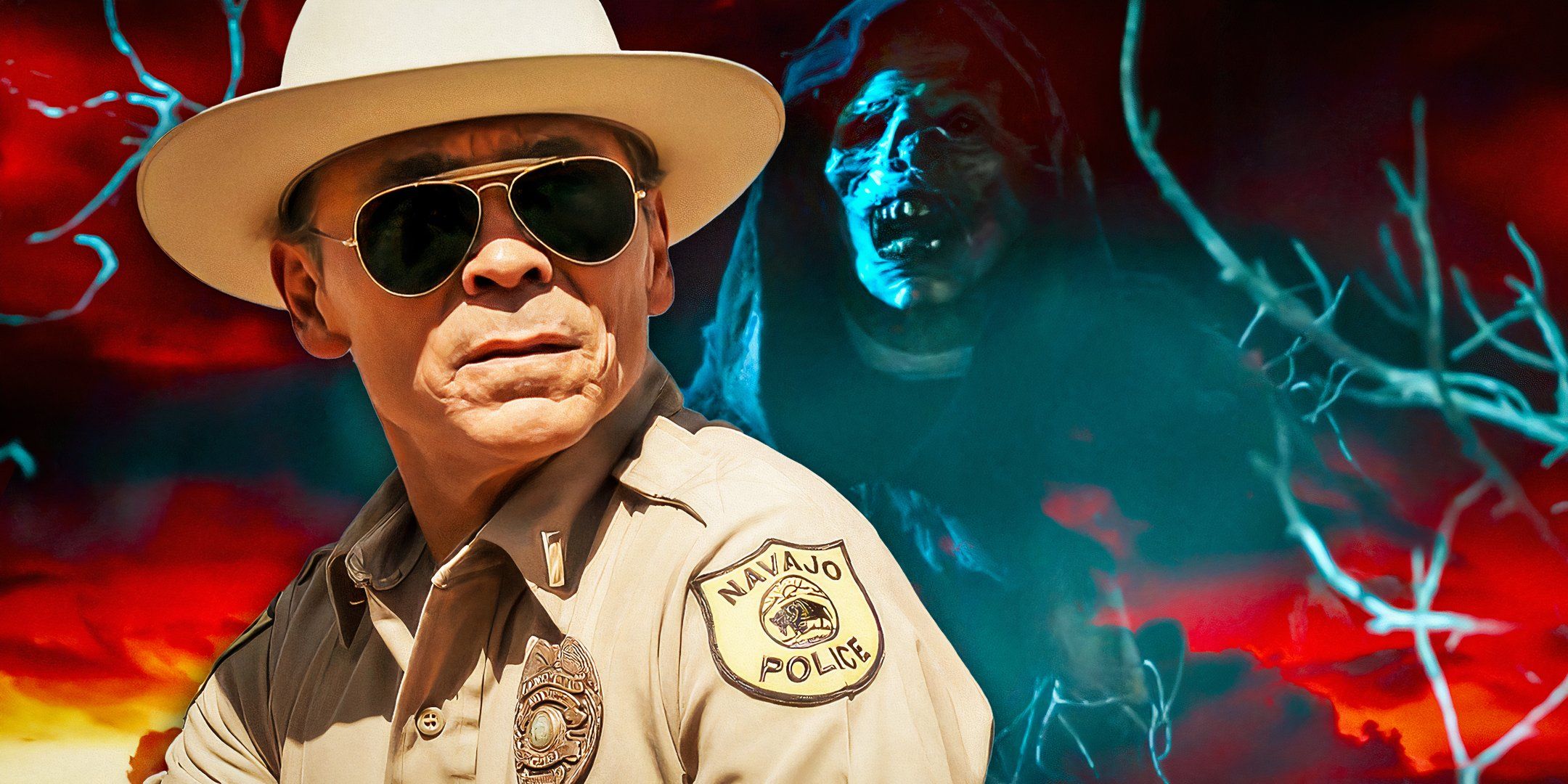 Zahn McClarnon as Joe Leaphorn against a background of the Ye'iitsoh in Dark Winds season 3