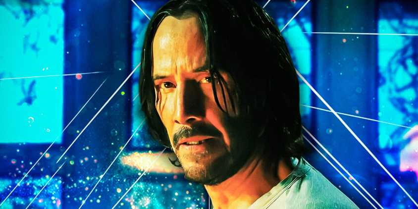 Custom image of Keanu Reeves as John Wick in the John Wick franchise looking at the camera slightly curiously