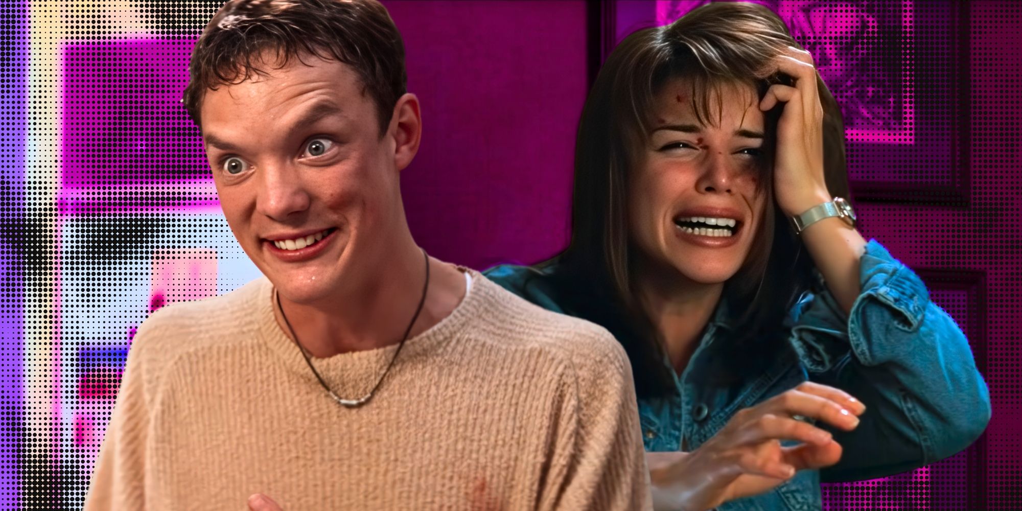 montage of Stu Played by Matthew Lillard and Sidney Played by Neve Campbell screaming.