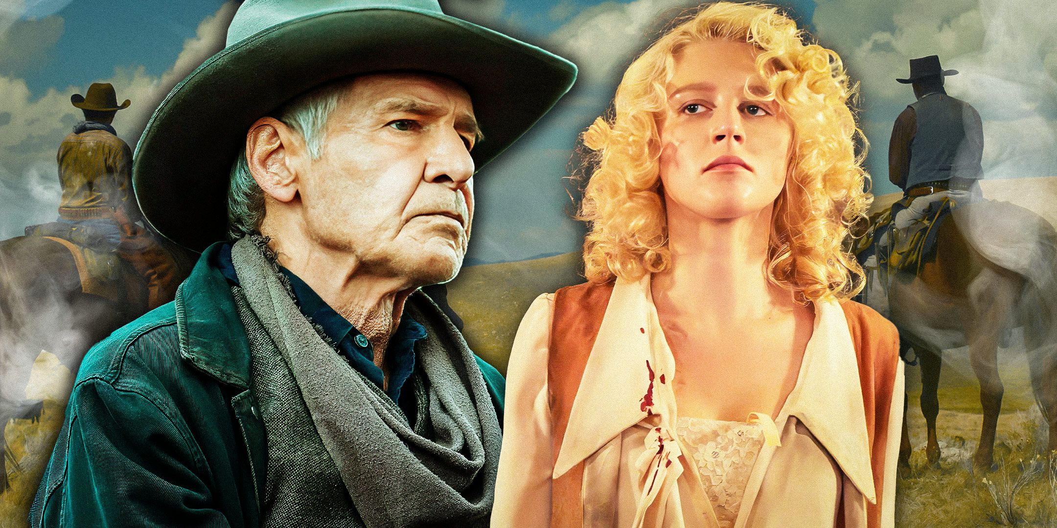 Jacob Dutton (Harrison Ford) and Alexandra (Julia Schlaepfer) looking wary in front of cowboys and smoke in 1923
