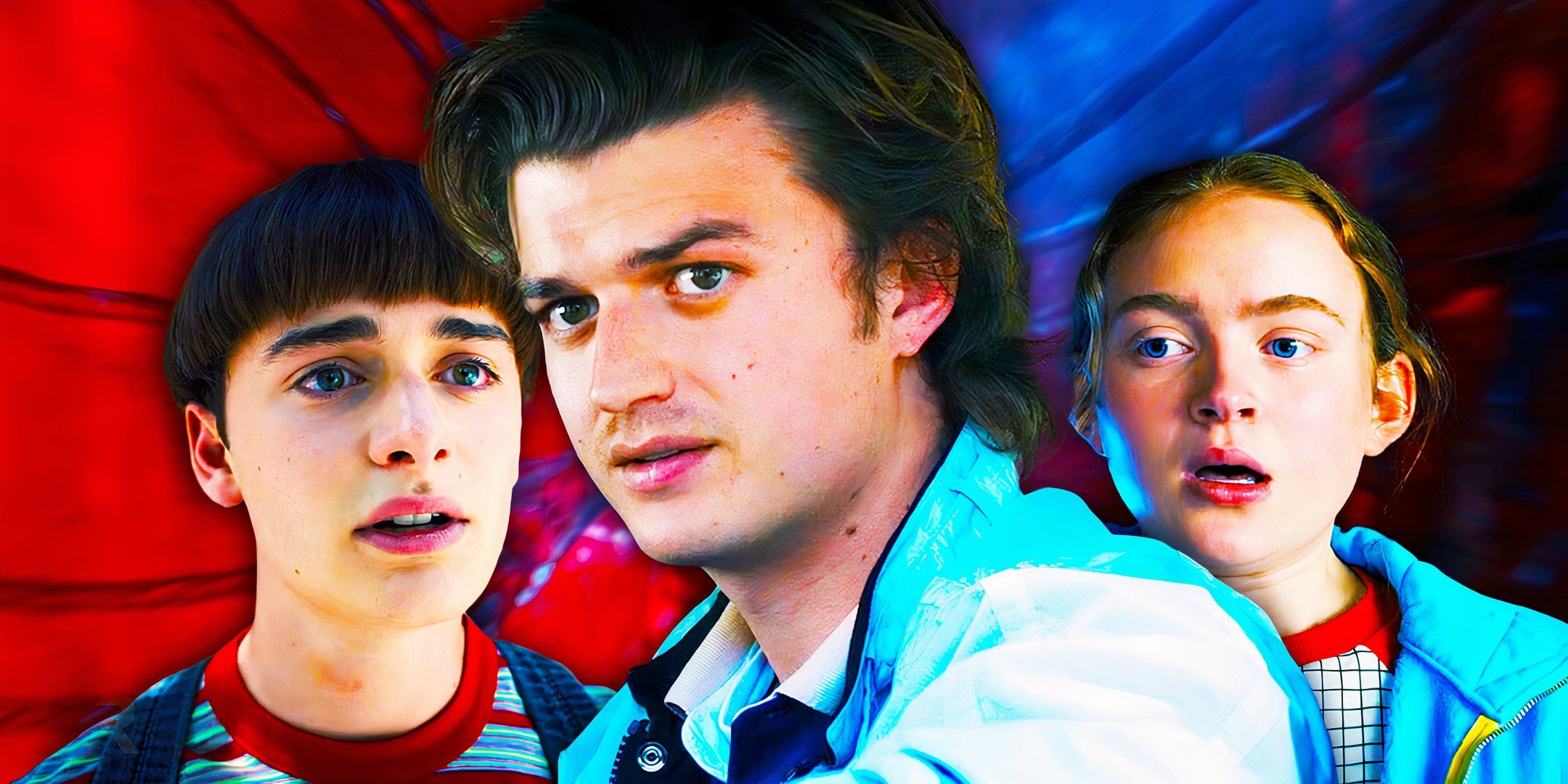 Noah Schnapp as Will Byers, Joe Keery as Steve Harrington, and Sadie Sink as Max Mayfield in Stranger Things.