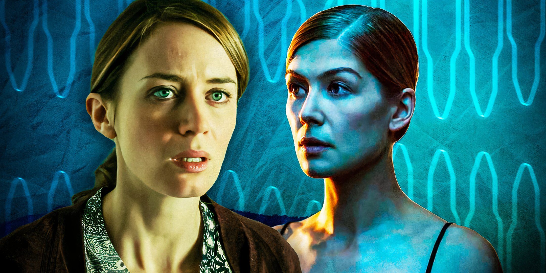 Rosamund Pike as Amy in Gone Girl and Emily Blunt as Rachel in The Girl on the Train.