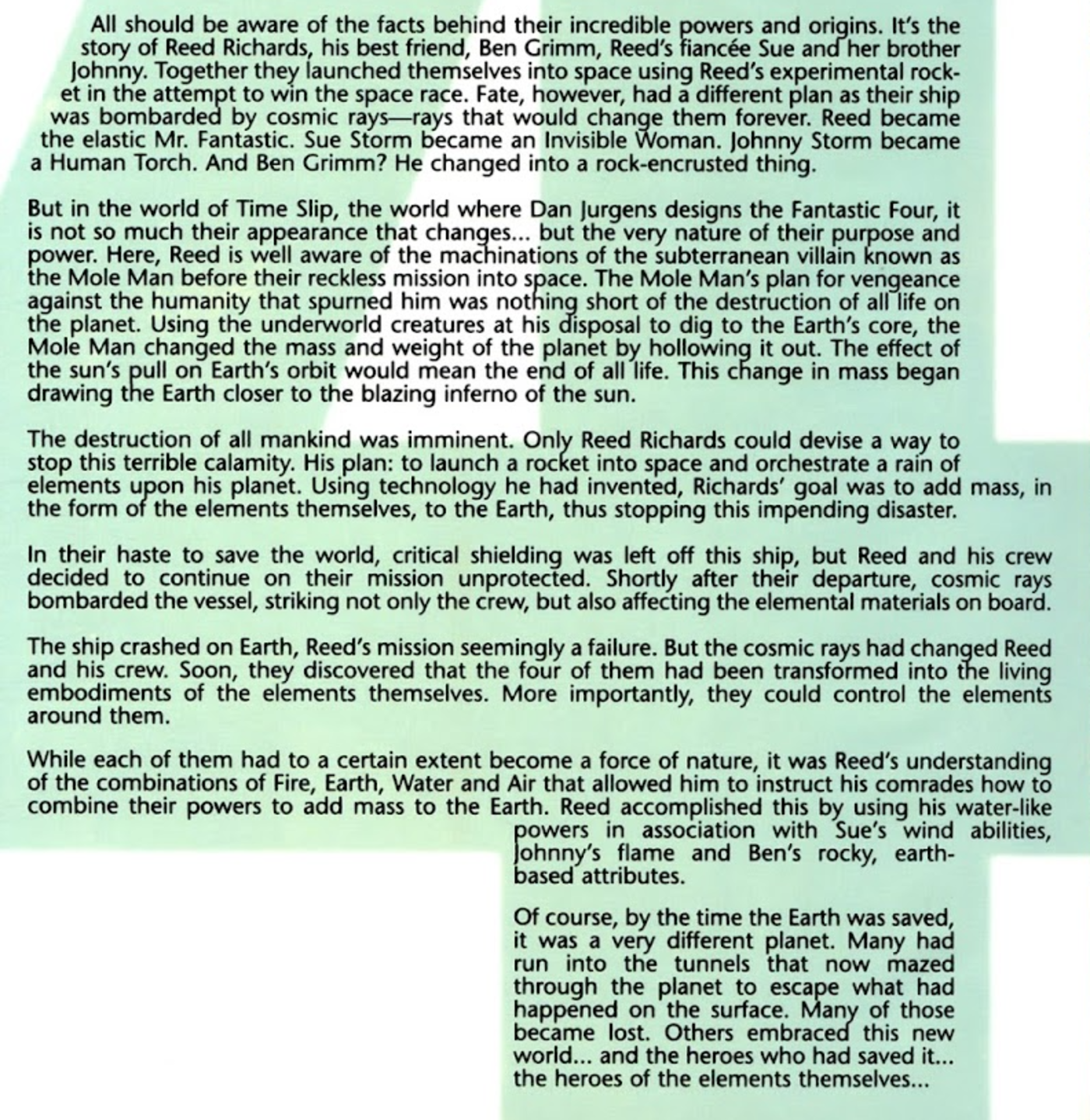 Text inside a green four from Dan Jurgen&rsquo;s Fantastic Four story