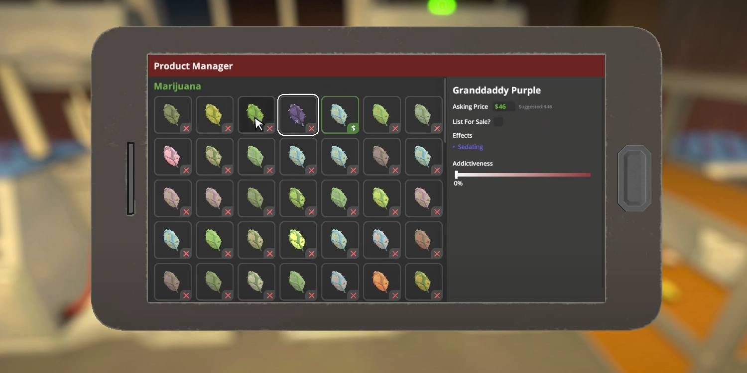 Schedule 1 Granddaddy Purple mix created among other products in phone's Product Manager menu