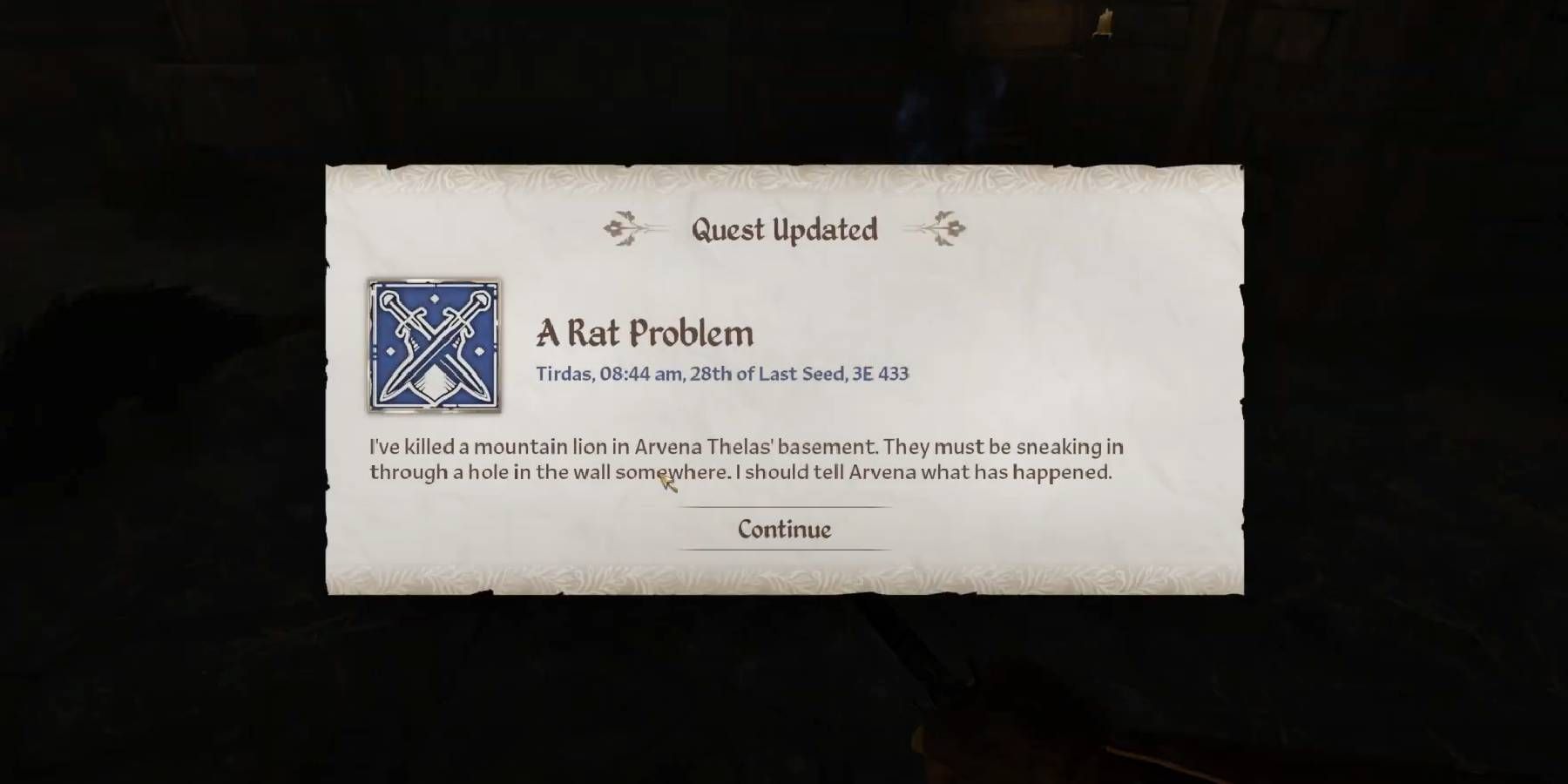 Oblivion Remastered &ldquo;A Rat Problem&rdquo; quest update after killing a mountain lion in Arvena Thelas' Basement