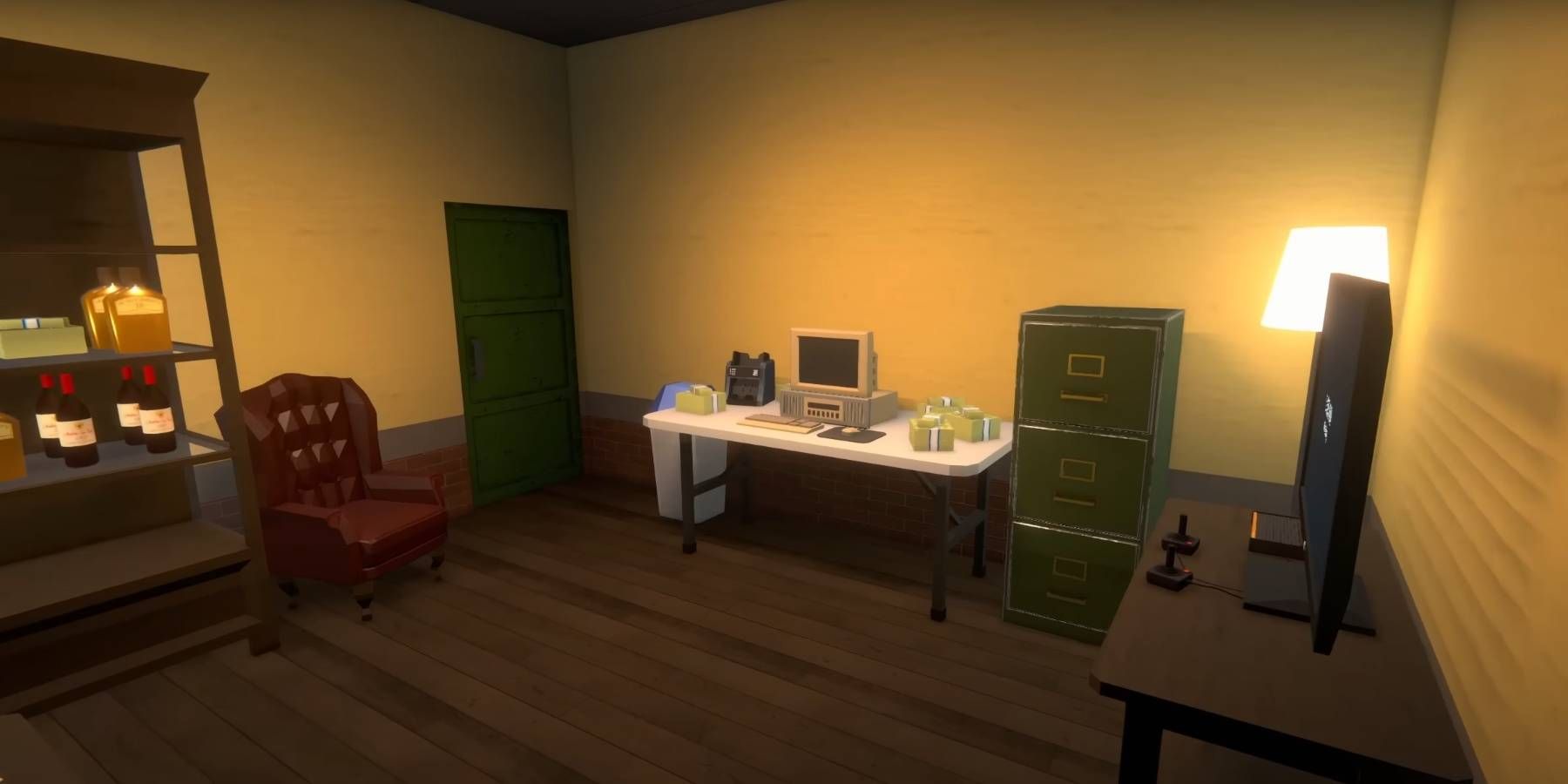 Schedule 1 office workspace with PC, file cabinets, shelves, and a TV