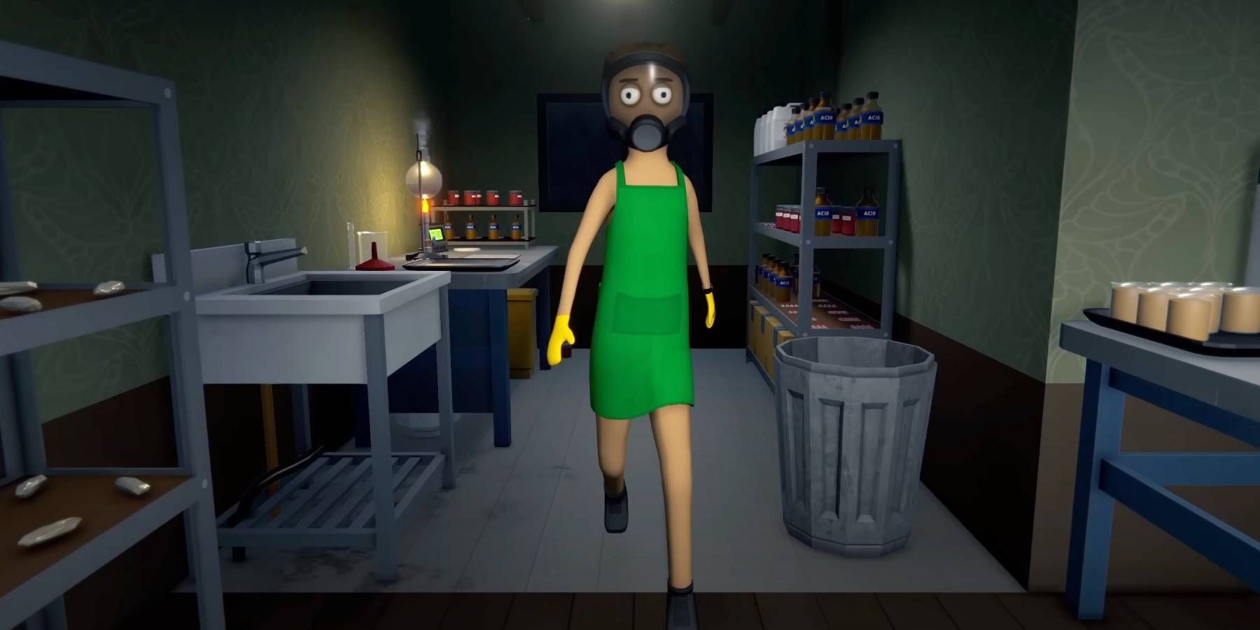 Schedule 1 main character walking through drug manufacturing area
