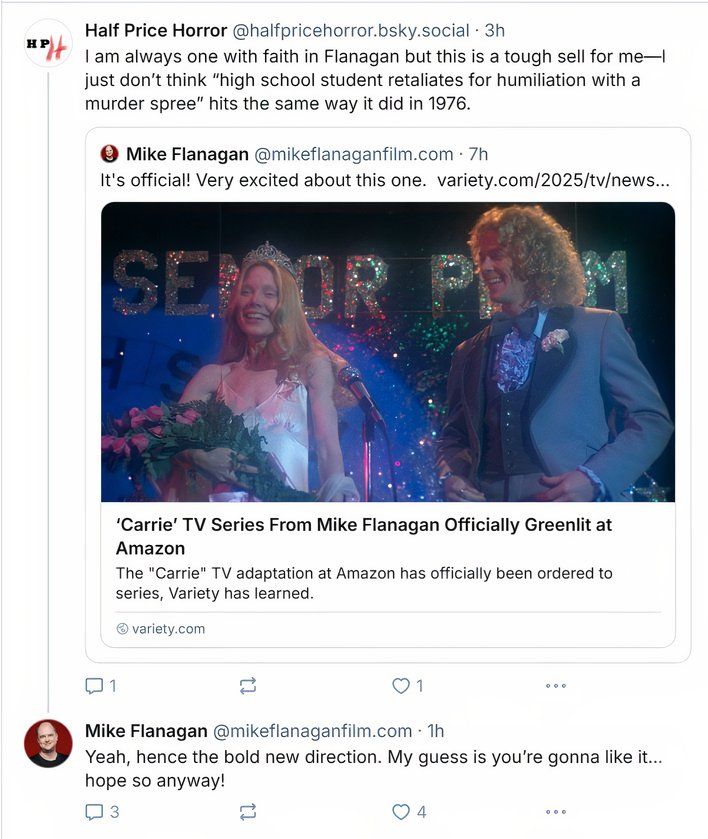 Mike Flanagan responding to a post about the Carrie show