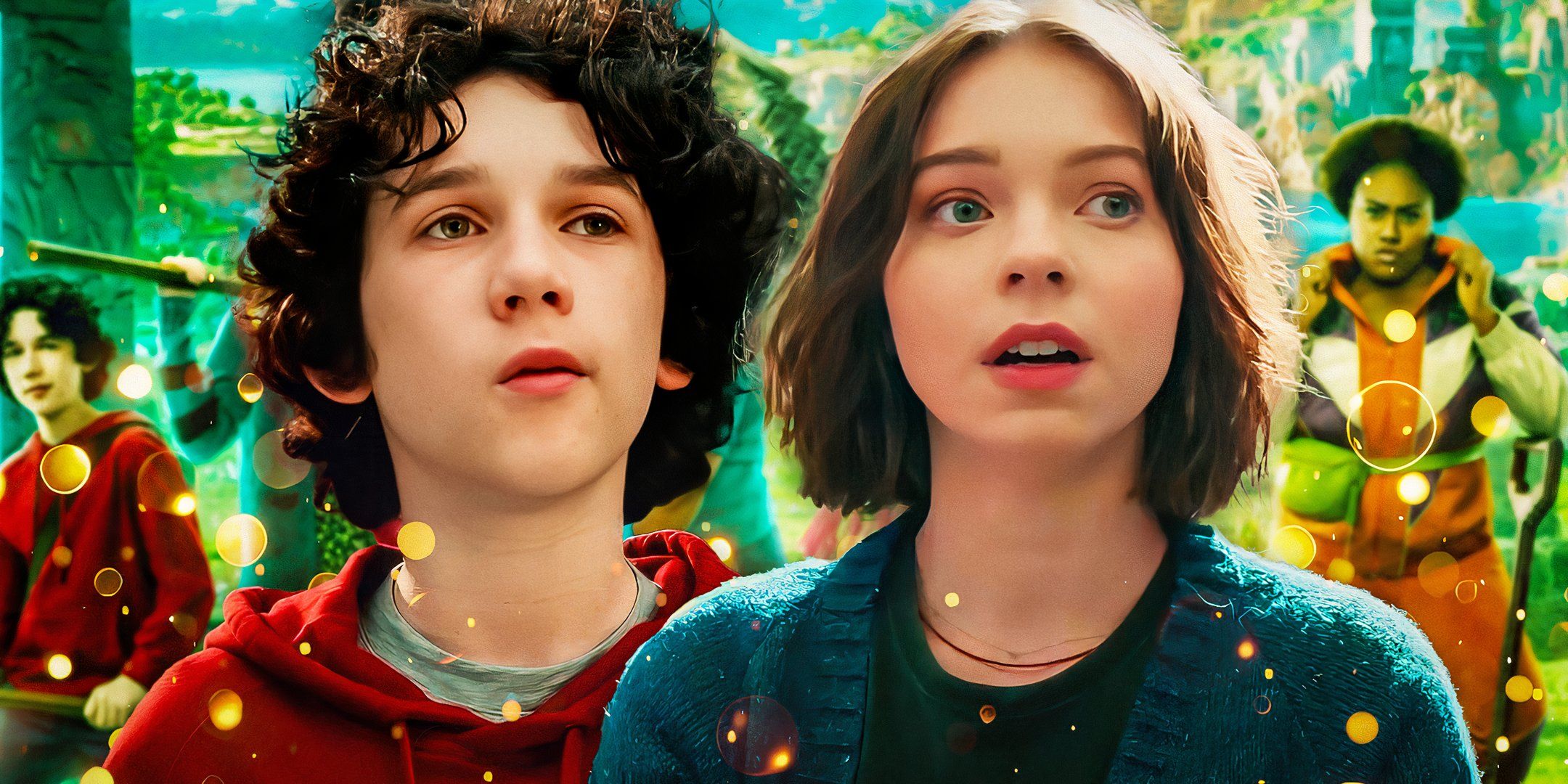 An edited image of Henry and Natalie in A Minecraft Movie with other characters in the background.
