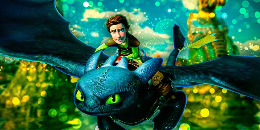 Hiccup and Toothless from How to Train Your Dragon with Epic Universe imagery in the background