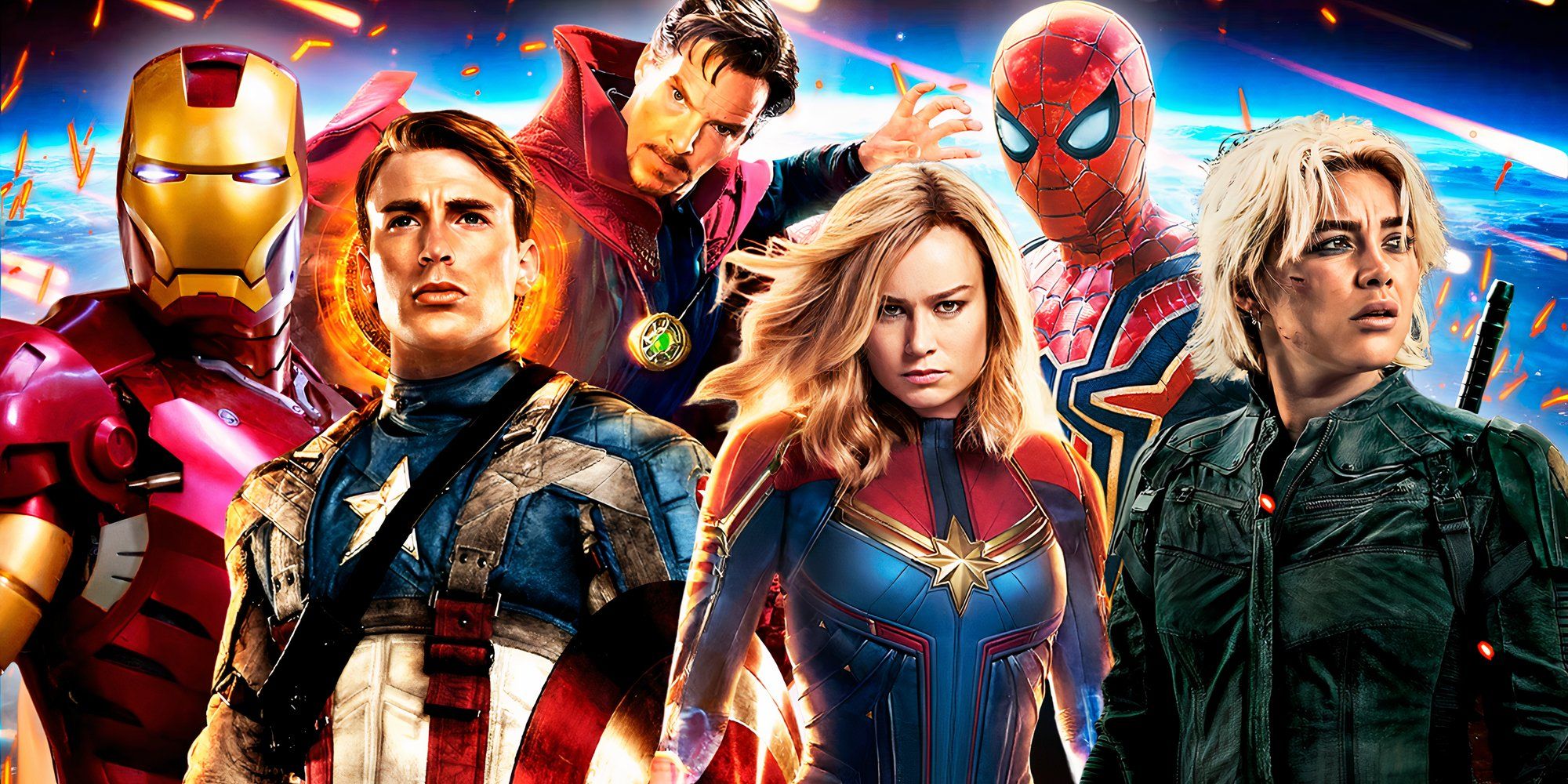 Collage of Iron Man, Captain America, Doctor Strange, Captain Marvel, Spider-Man, and Yelena in the MCU