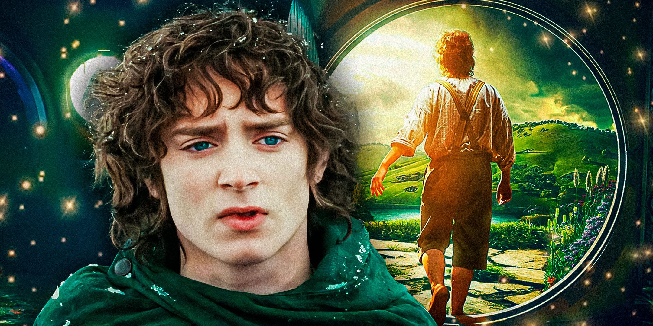 Frodo Baggins looking bemused in the foreground; Frodo walking out the door of Bag End in the background