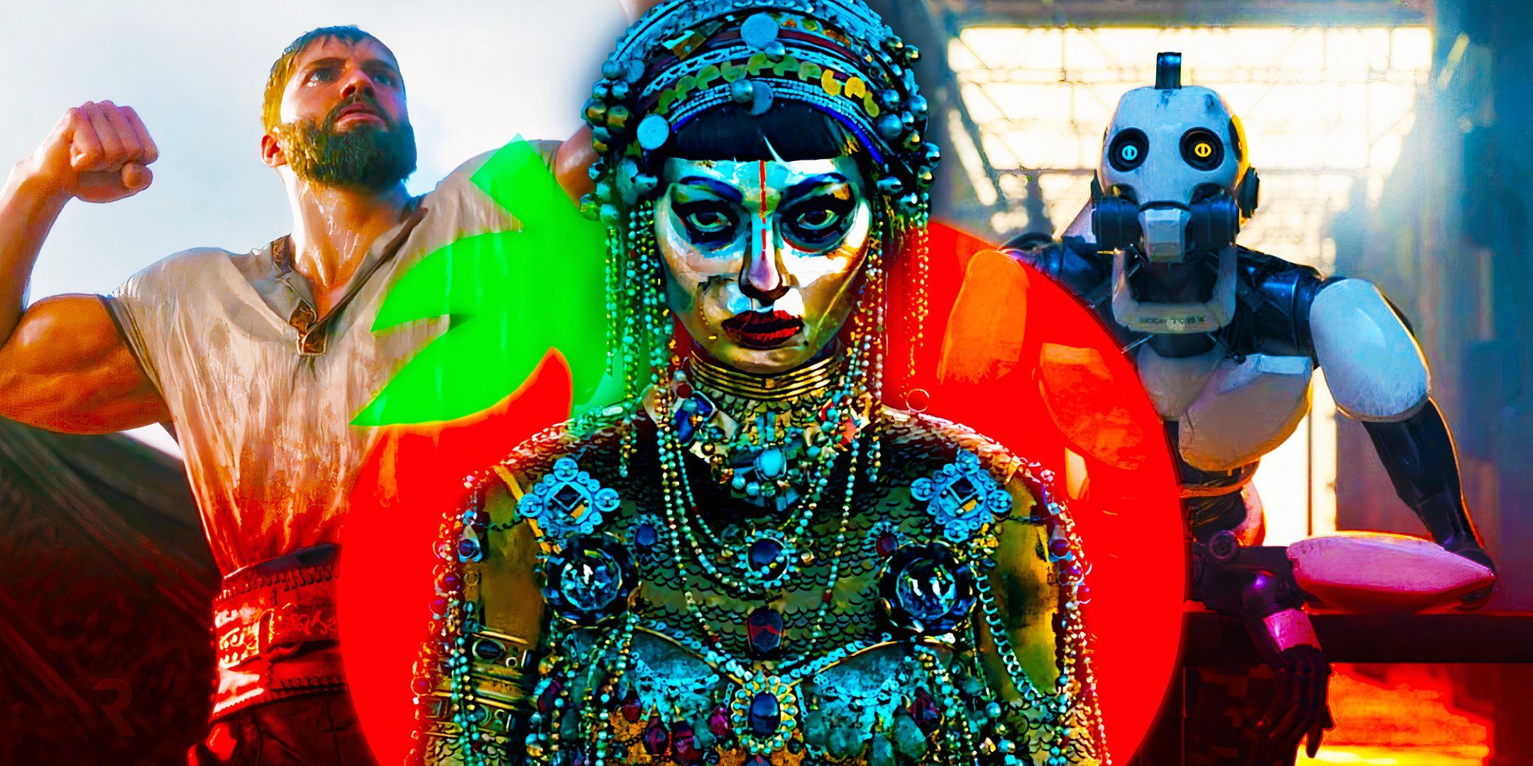 King Aelstrom from Secret Level next to XBOT 4000 and the siren from Love, Death & Robots with a Rotten Tomatoes logo