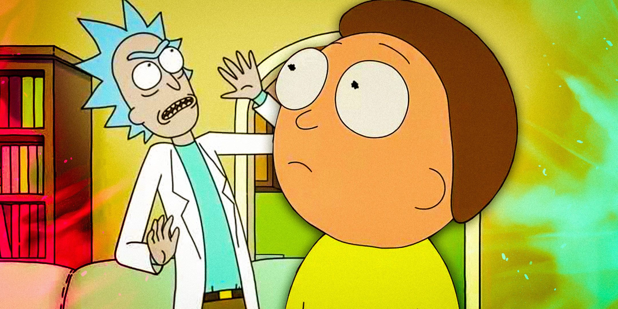 Rick Sanchez angrily looking upwards next to Morty with a blank look on his face in Rick and Morty
