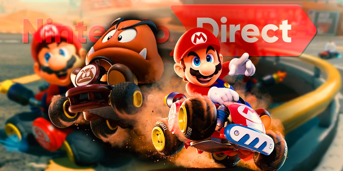 Goomba and Mario driving karts over an image of Mario Kart World