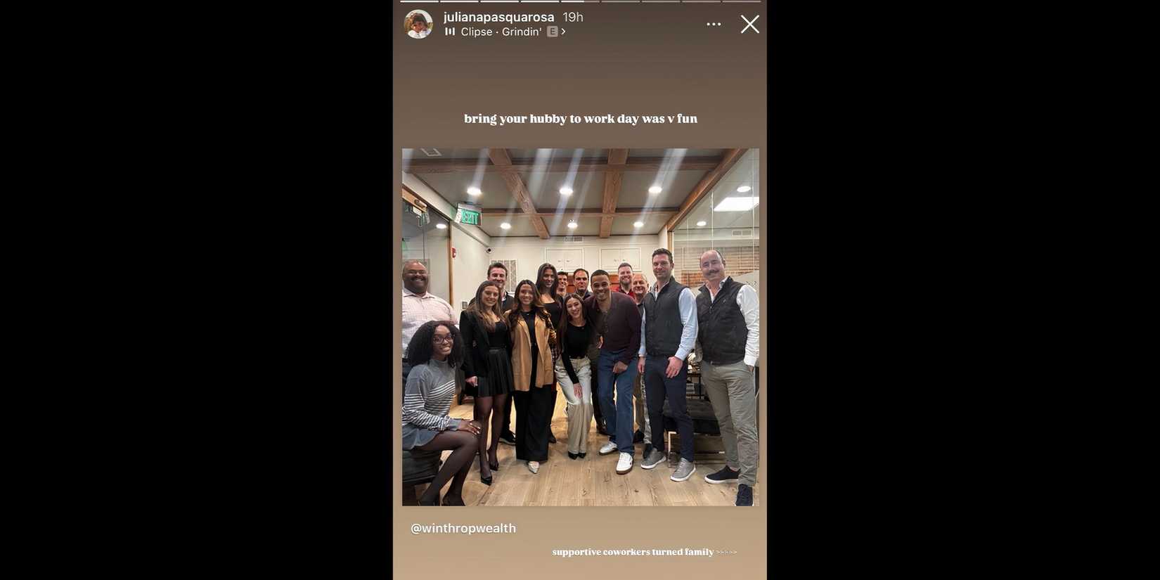 A Screenshot Of The Bachelor's Juliana Pasquarosa Bringing Grant Ellis To Work (Instagram Story)