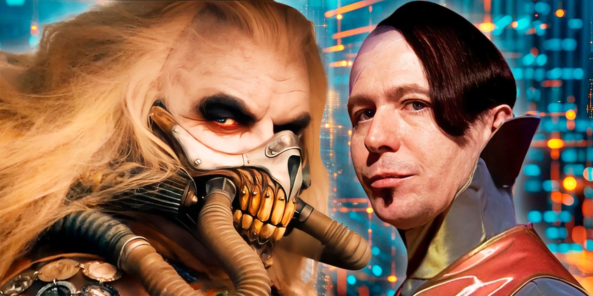 Immortan Joe from Mad Max: Fury Road pictured next to Zorg from The Fifth Element on an edited sci-fi background.