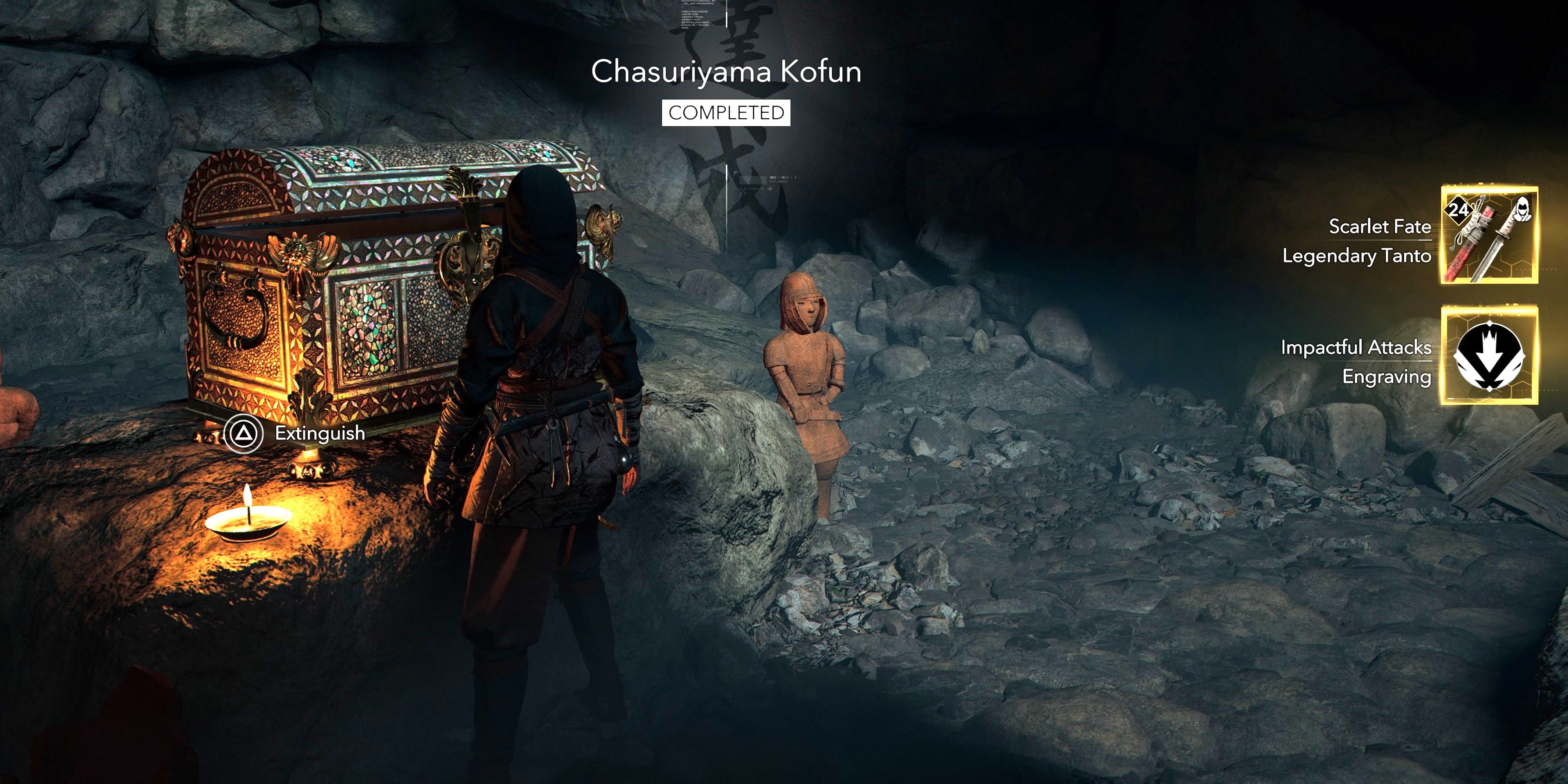 Naoe getting the final rewards for the Chasuriyama Kofun in Assassin&rsquo;s Creed Shadows