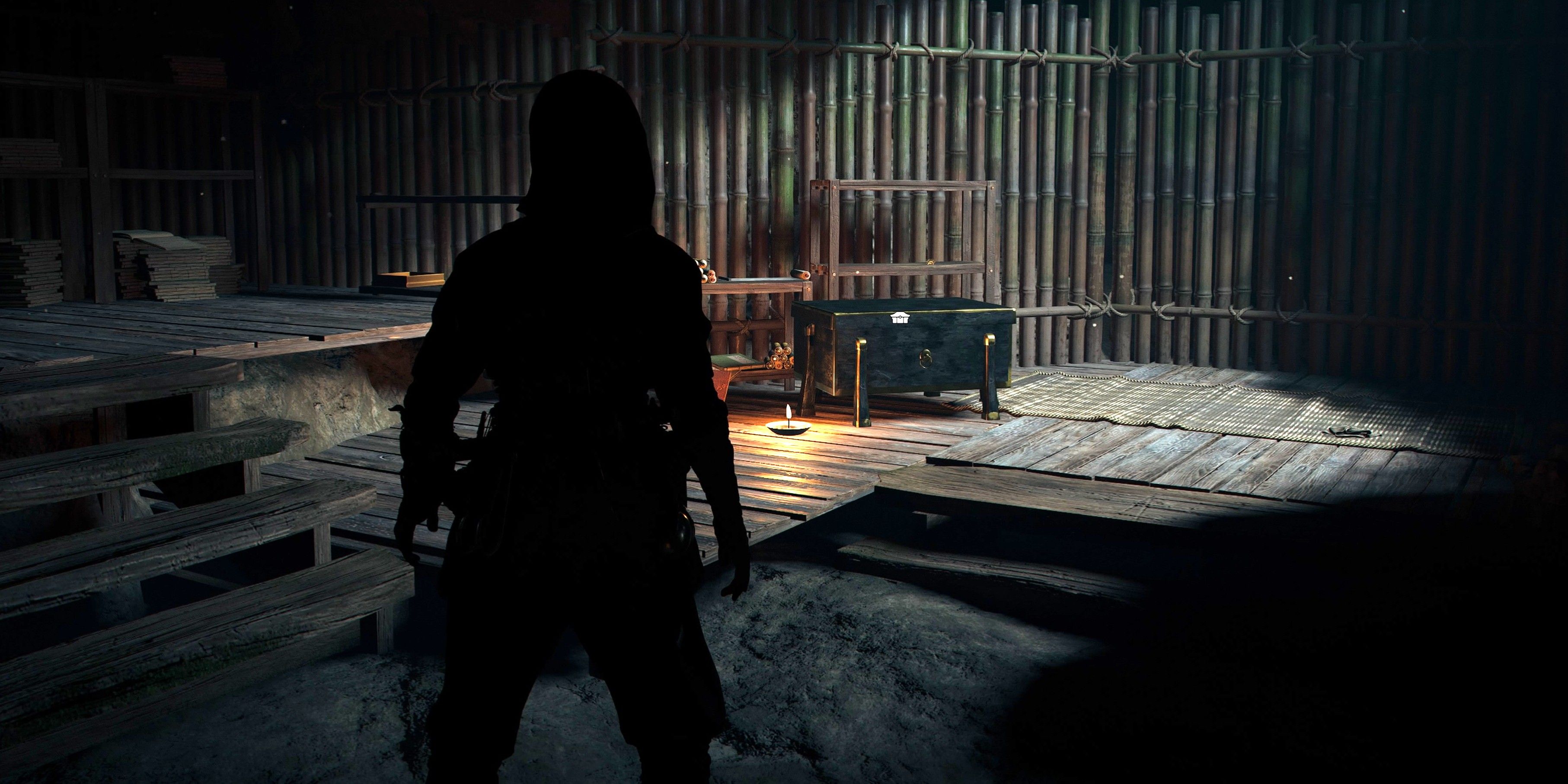 Naoe by a treasure chest in the Chasuriyama Kofun in Assassin&rsquo;s Creed Shadows