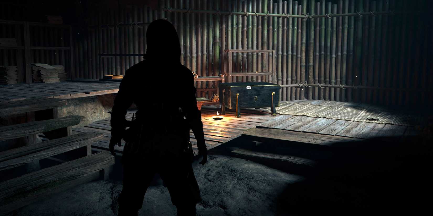 Naoe by a treasure chest in the Chasuriyama Kofun in Assassin's Creed Shadows