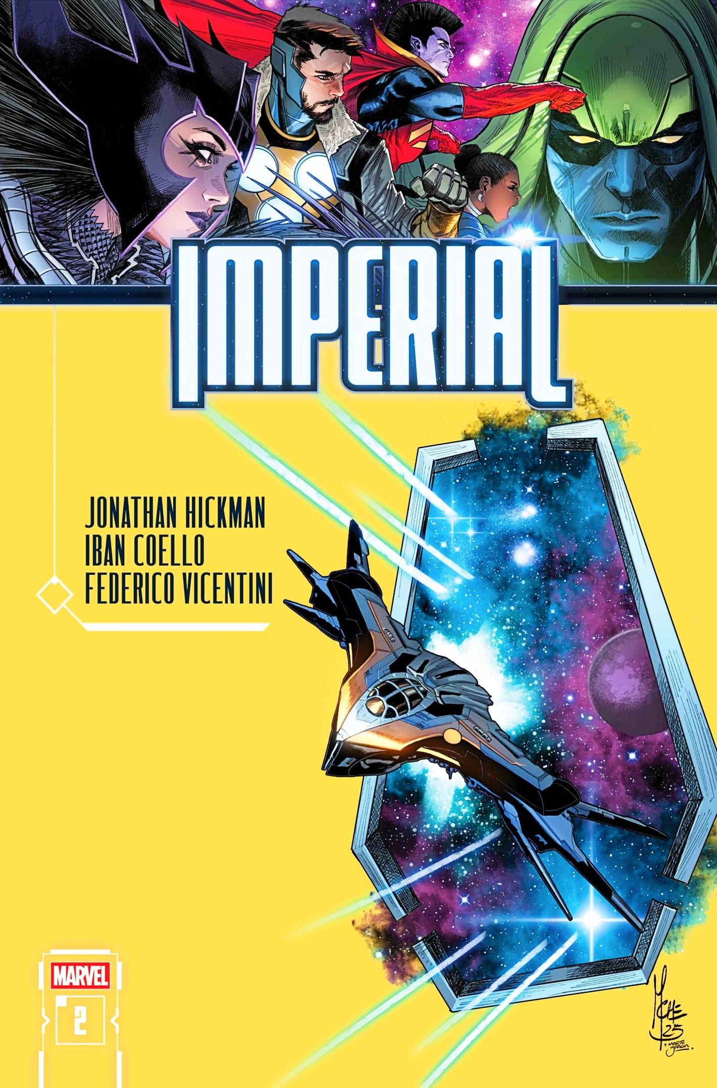 Imperial #2 cover, various cosmic Marvel characters across the top, with a ship emerging from a star portal in the center
