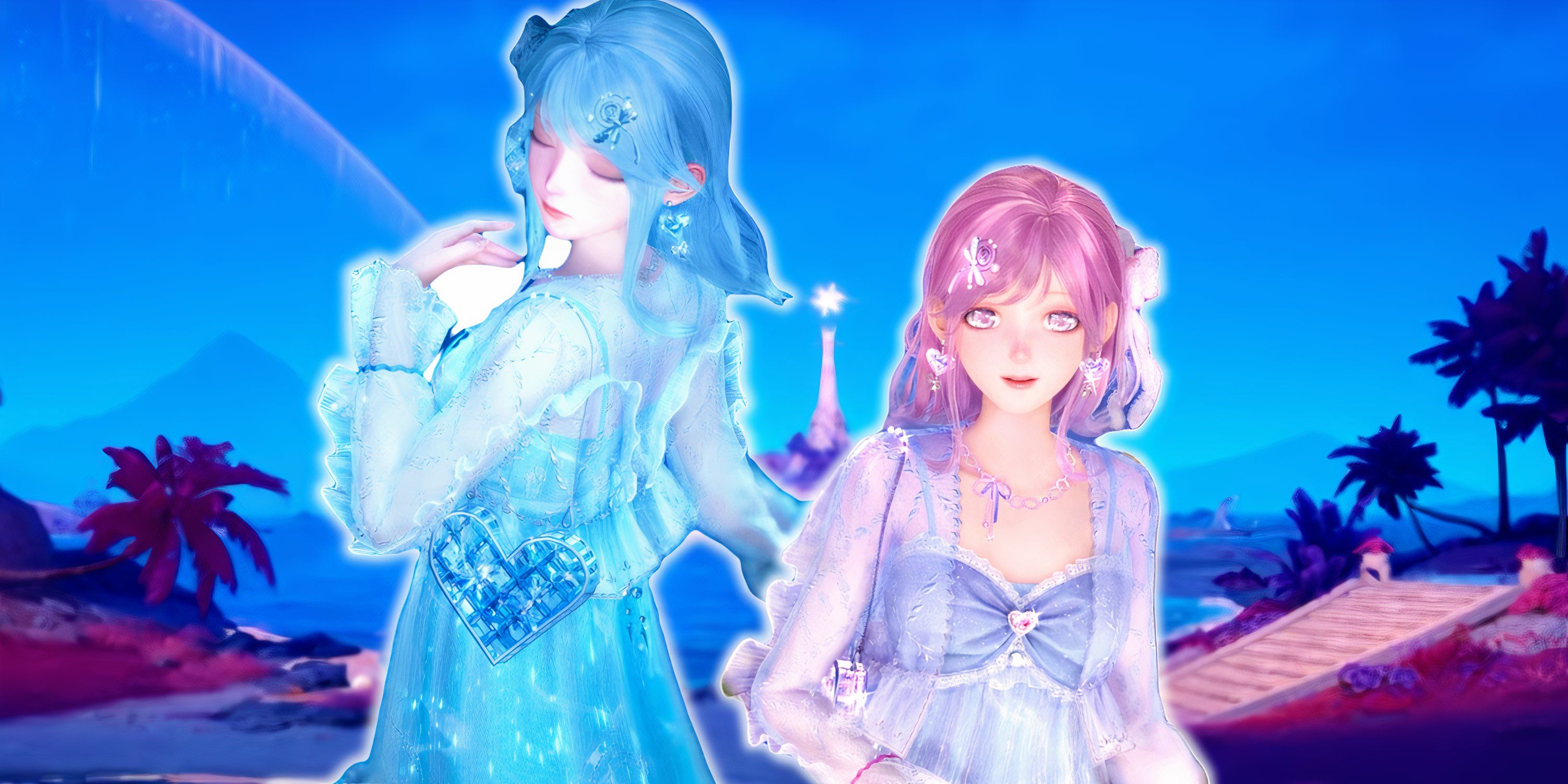 Infinity Nikki character showing off two blue and purple outfits at night