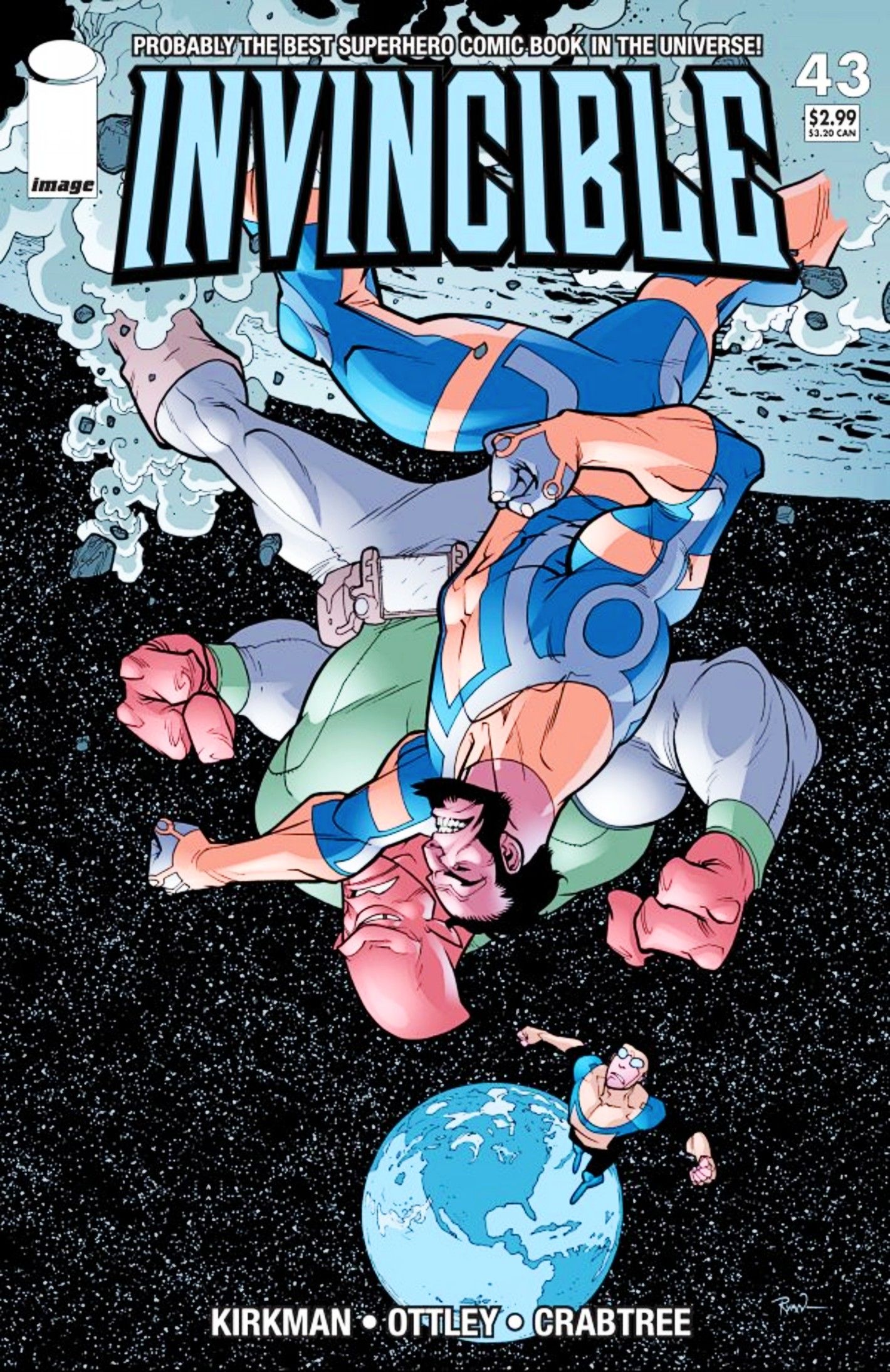 Capa invencível nº 43, Allen, o alienígena, brigando um viltrumita enquanto as corridas invencíveis para ajudar