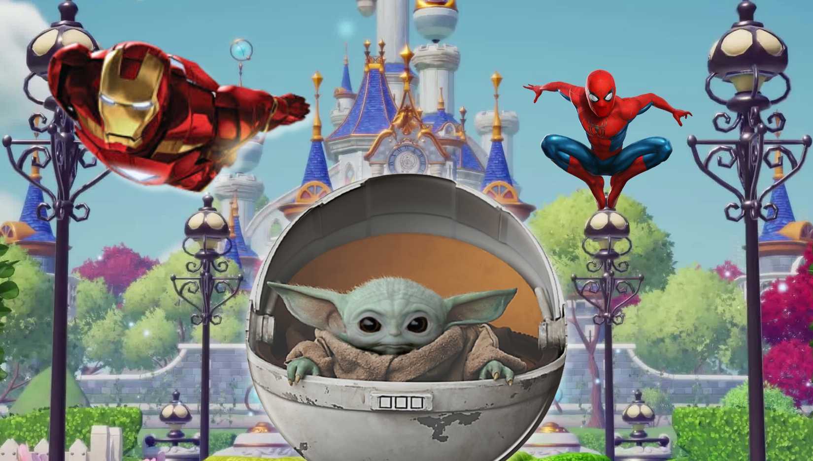 Iron Man, Spider-Man, and Grogu over a Disney Dreamlight Valley background