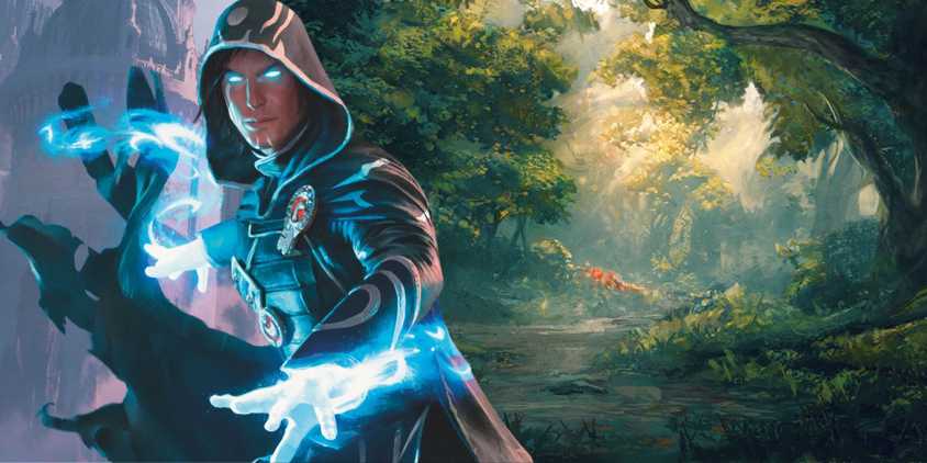 Jace from Magic The Gathering next to Wes Gardner's Forest card art