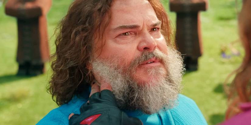 Jack Black as Steve having his beard touched by Jason Momoa in A Minecraft Movie